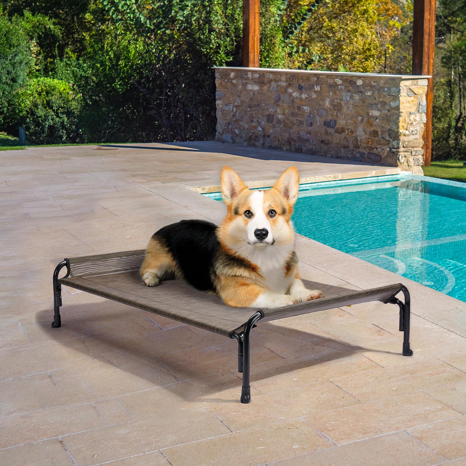 Veehoo Cooling Elevated Dog Bed， Chew Proof Dog Cot with Washable Mesh， Medium， Brown