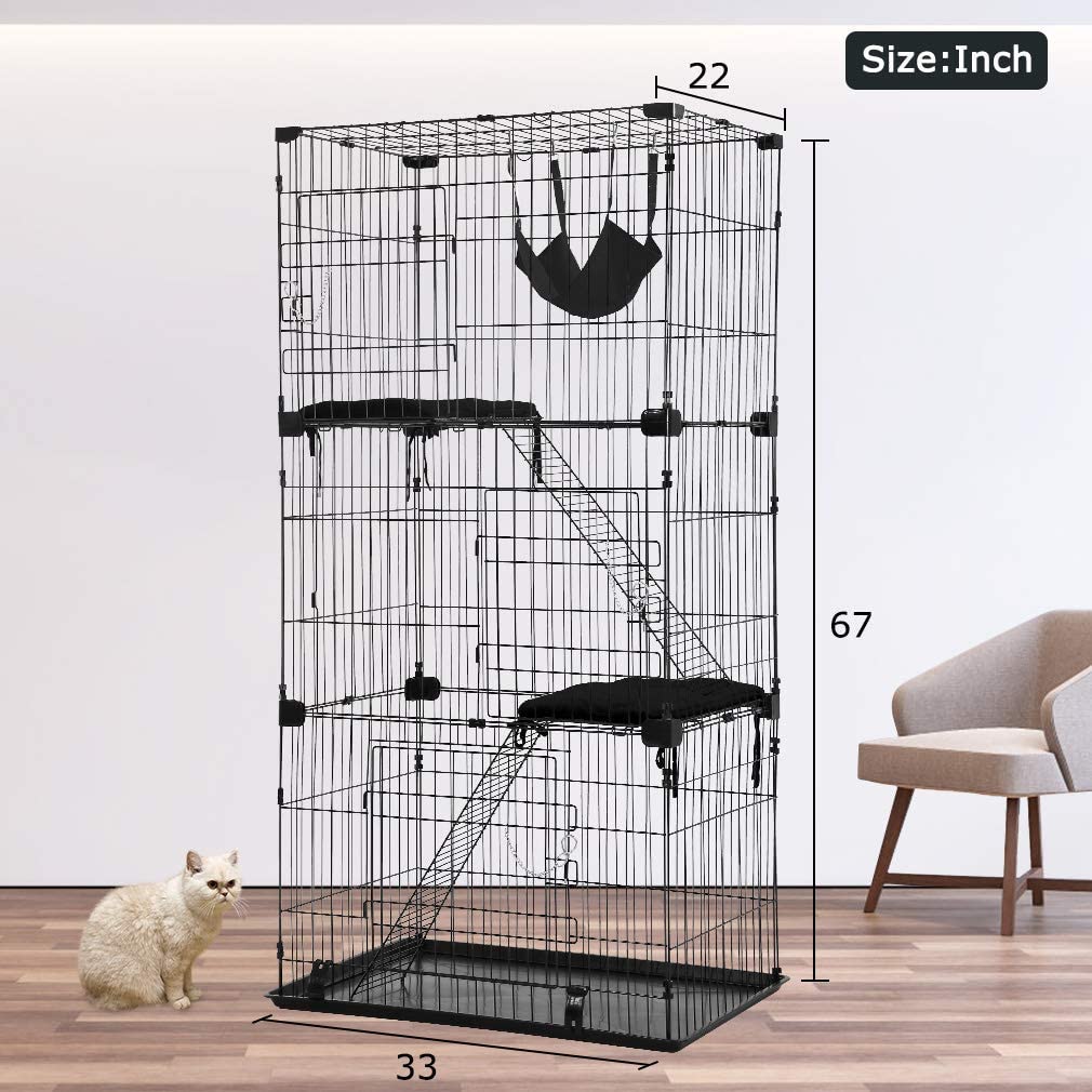 67 inch Cat Playpen Cage Cat Kennel Large Cat Cage Playpen Cat Crates for Indoor Cats with Free Hammock 3 Cat Bed 3 Front Doors 2 Ramp Ladders Perching Shelves， Black