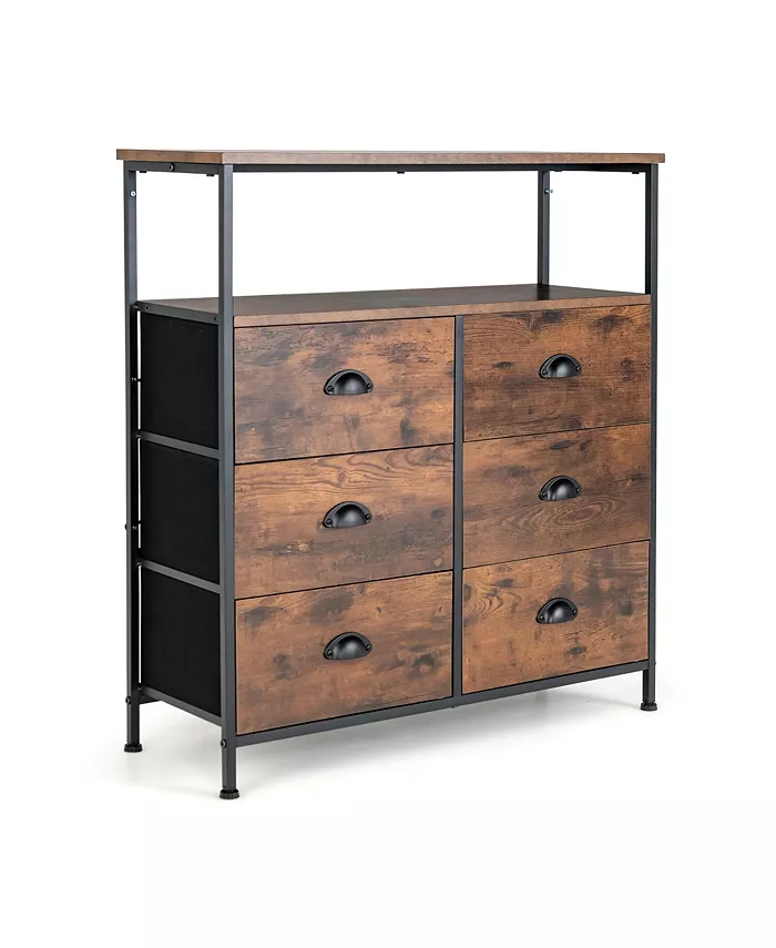 Costway 6-Drawer Dresser 2-Tier Fabric Storage Tower w wooden Top Chest Organizer