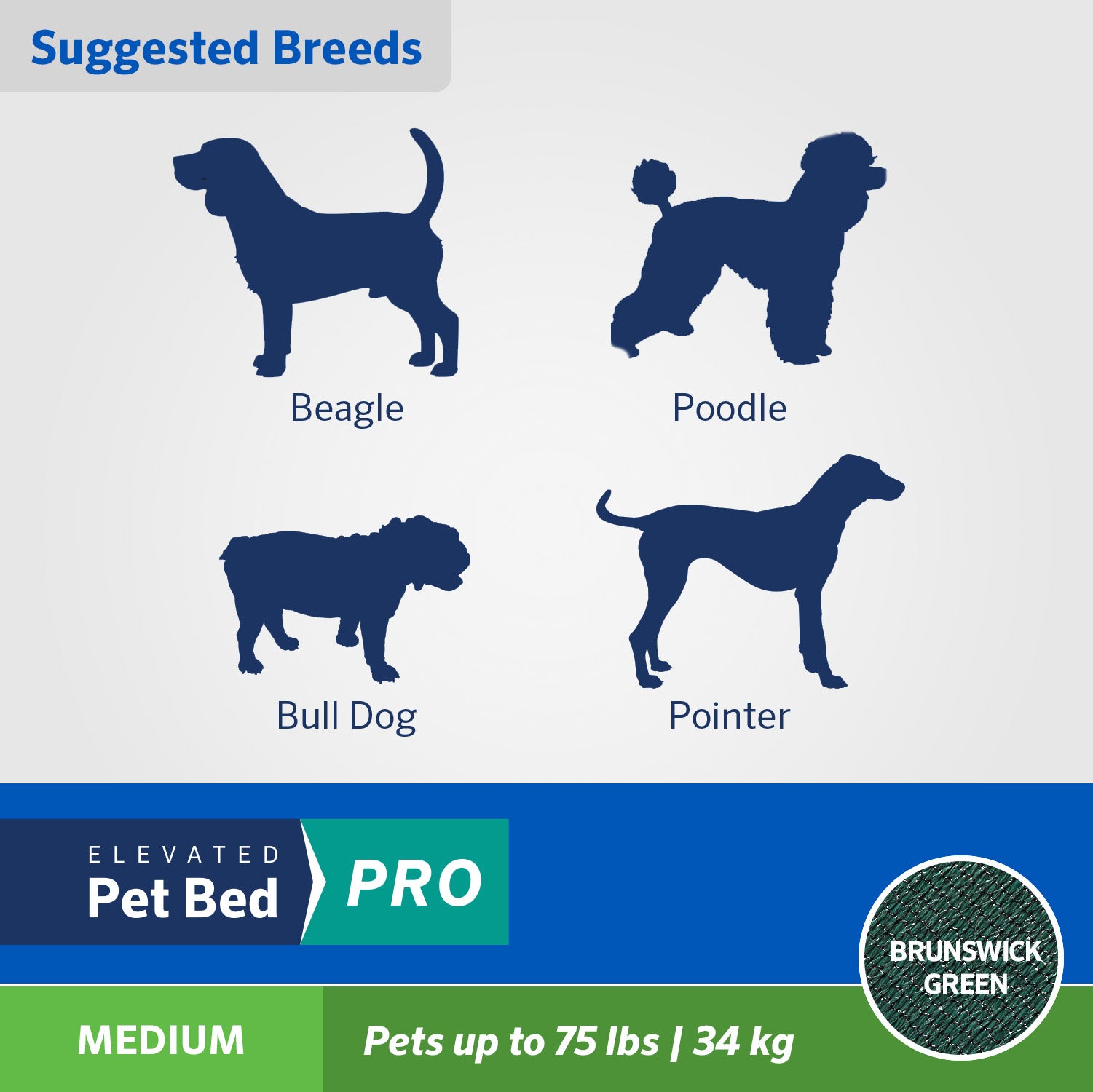 Coolaroo Cooling Elevated Dog Bed Pro， Medium， Fits in 42in Crates， Brunswick Green