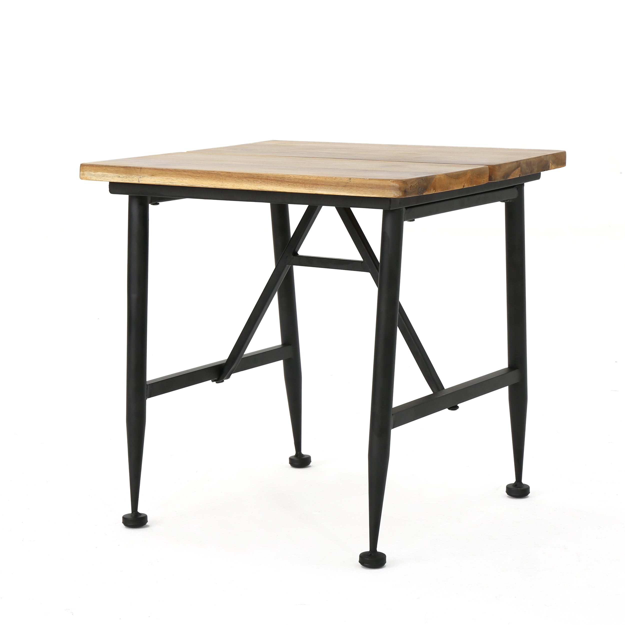Ellaria Outdoor Rustic Industrial Acacia Wood End Table with Metal Frame, Teak and Black