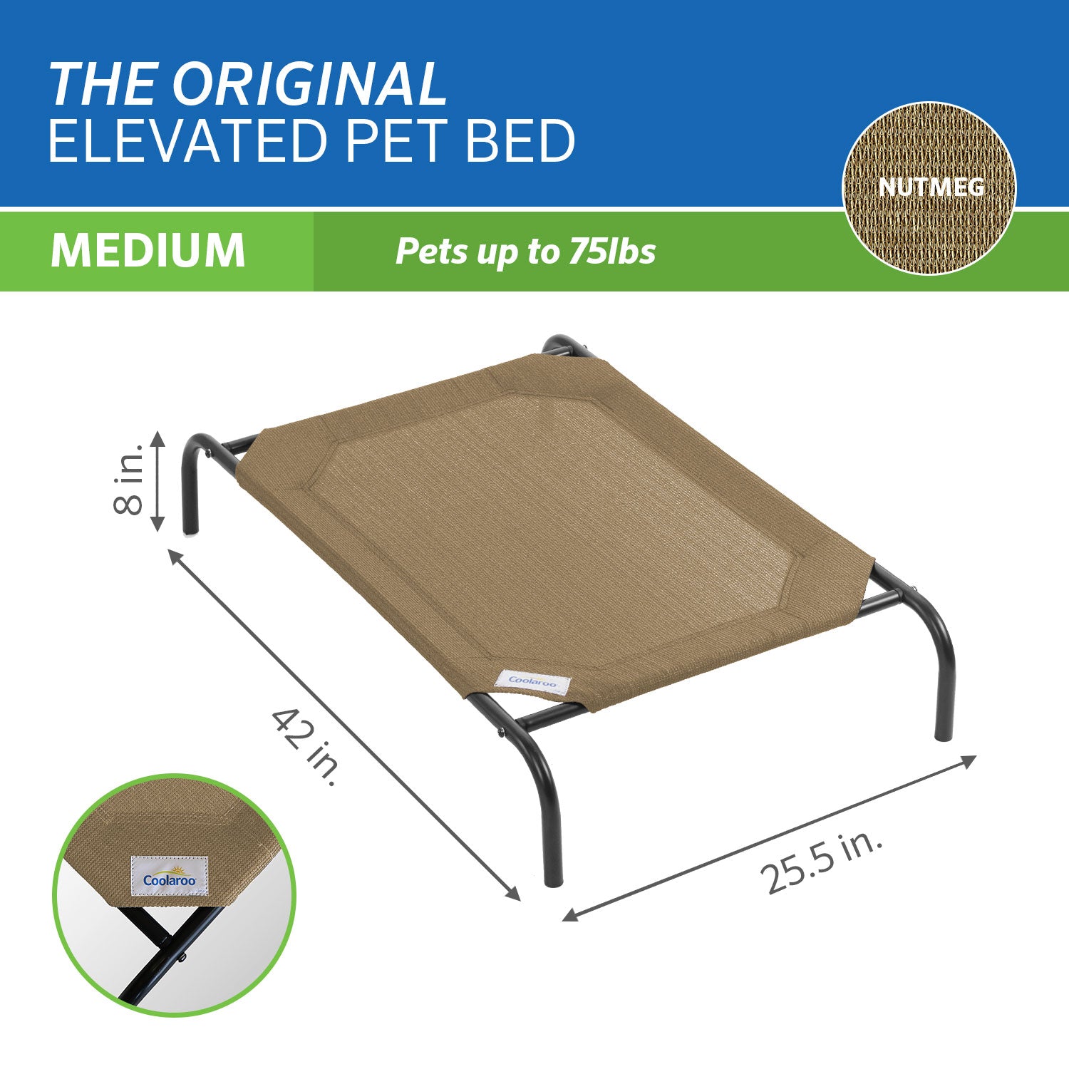 The Original Coolaroo Elevated Pet Dog Bed for Indoors and Outdoors， Medium， Nutmeg