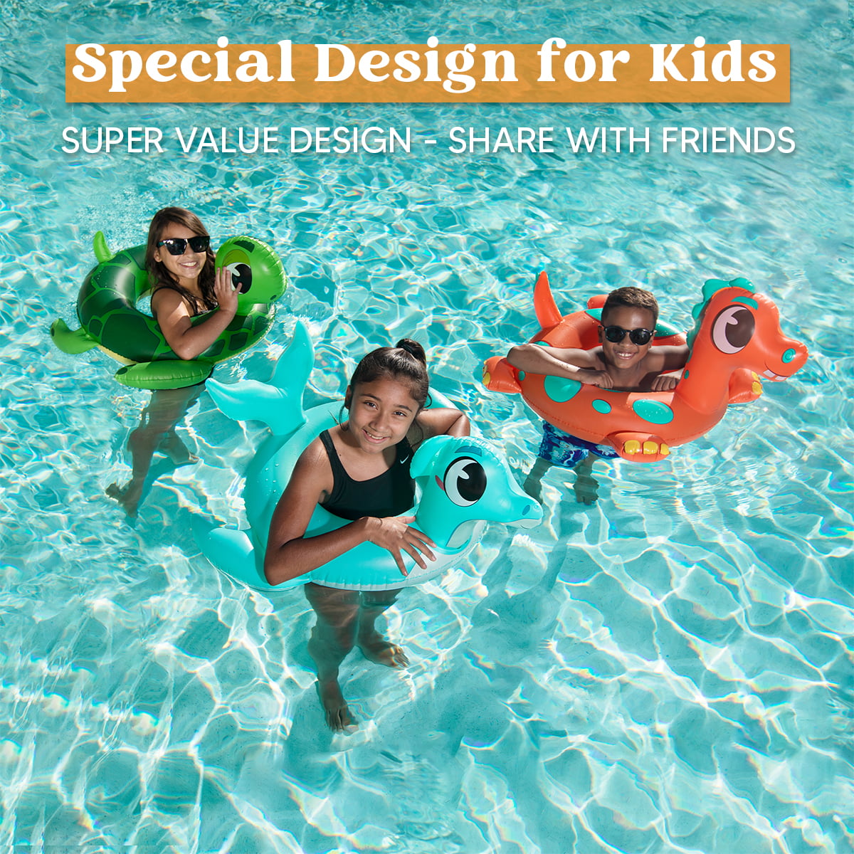 JOYIN 32" 3 Pack Inflatable Pool Tubes Pool Floats, Dinosaur & Sea Turtle & Dolphin Swimming Rings for Kids Swimming Pool Beach Summer Water Float Party Outdoor