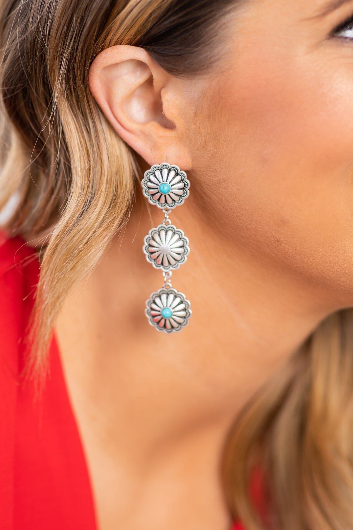 Silver Concho Post Earrings With Turquoise