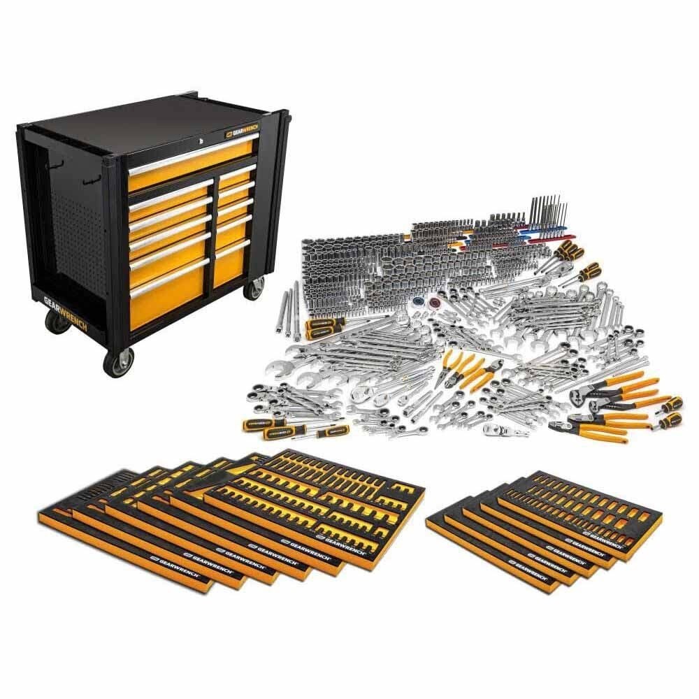 Conjunto de ferramentas GearWrench MEGAMODMRO Master Technician de 614 peças com bandejas personalizadas e armazenamento.
