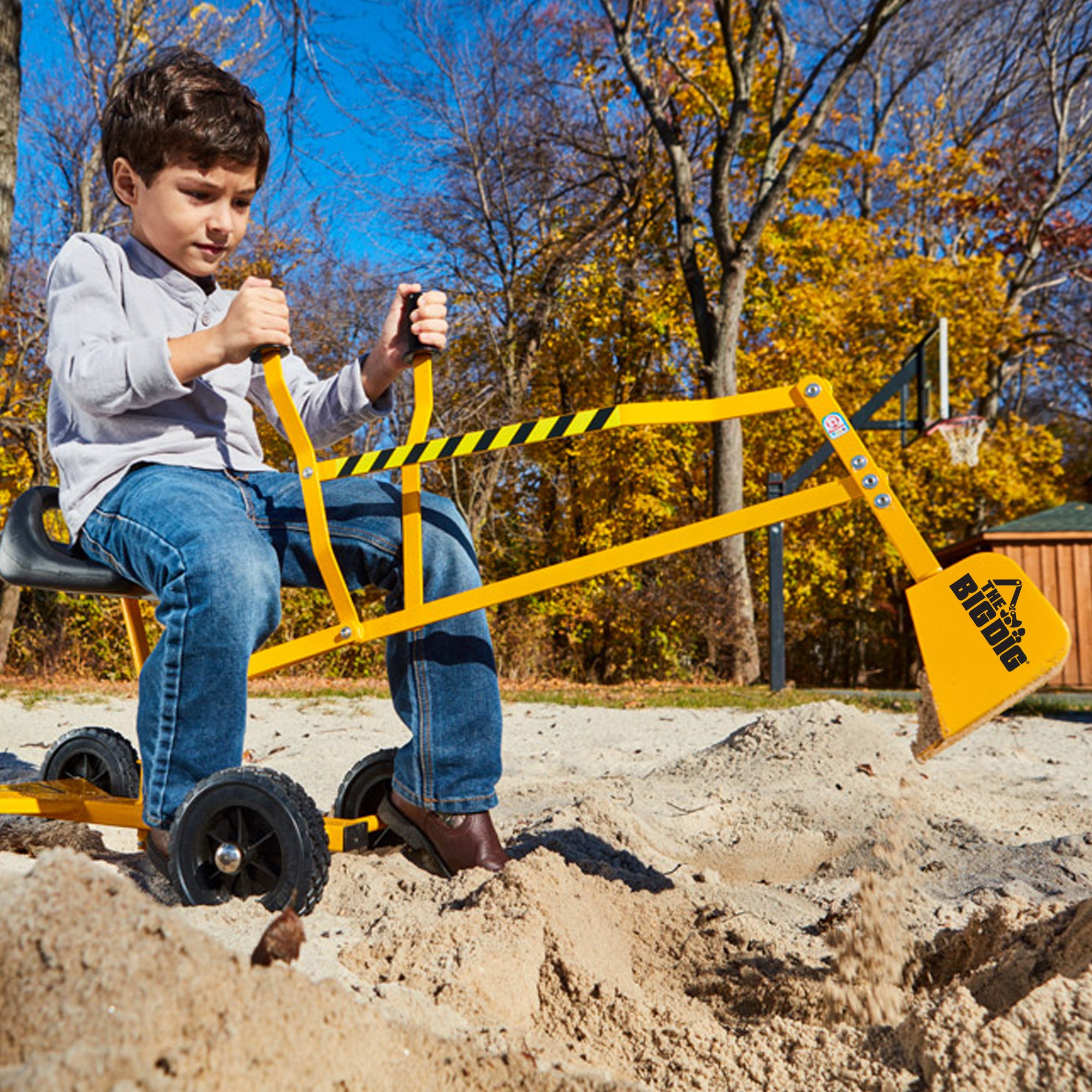 The Big Dig and Roll Ride-On Working Excavator with Wheels and 360° Rotation， Great for Sand， Dirt and Snow， Steel Outdoor Play Toy