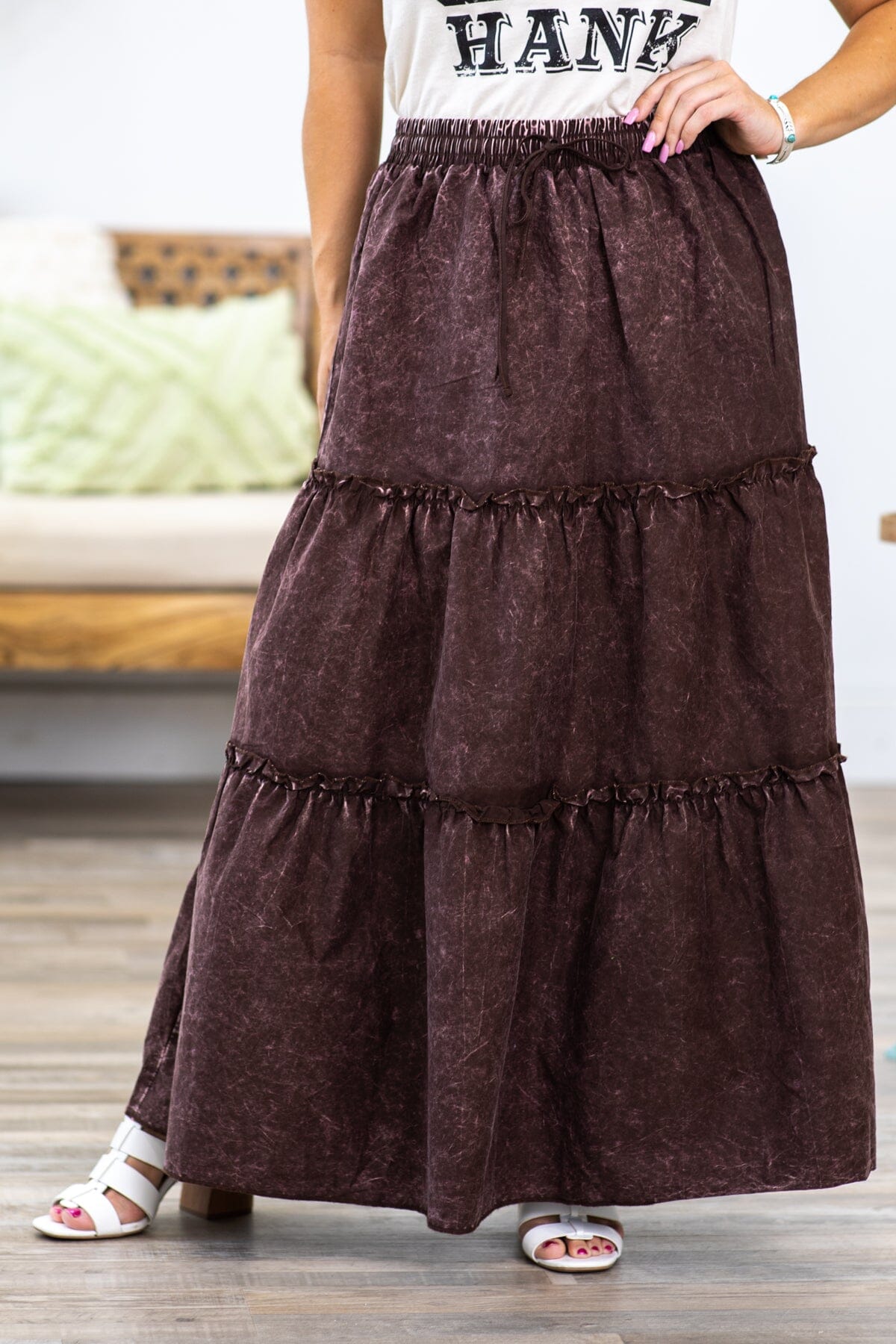 Brown Washed Elastic Waist Maxi Skirt