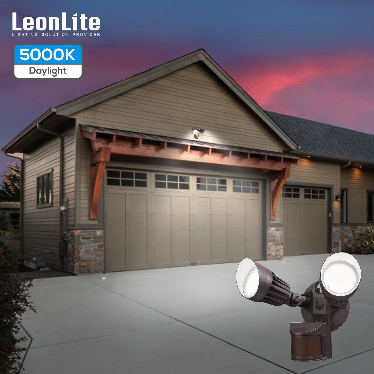 LEONLITE Motion Sensor LED Security Light， Dusk to Dawn Outdoor Flood Lights， Adjustable 2-Head， IP65 Waterproof， 20W(150W Equiv.)， 5000K Daylight