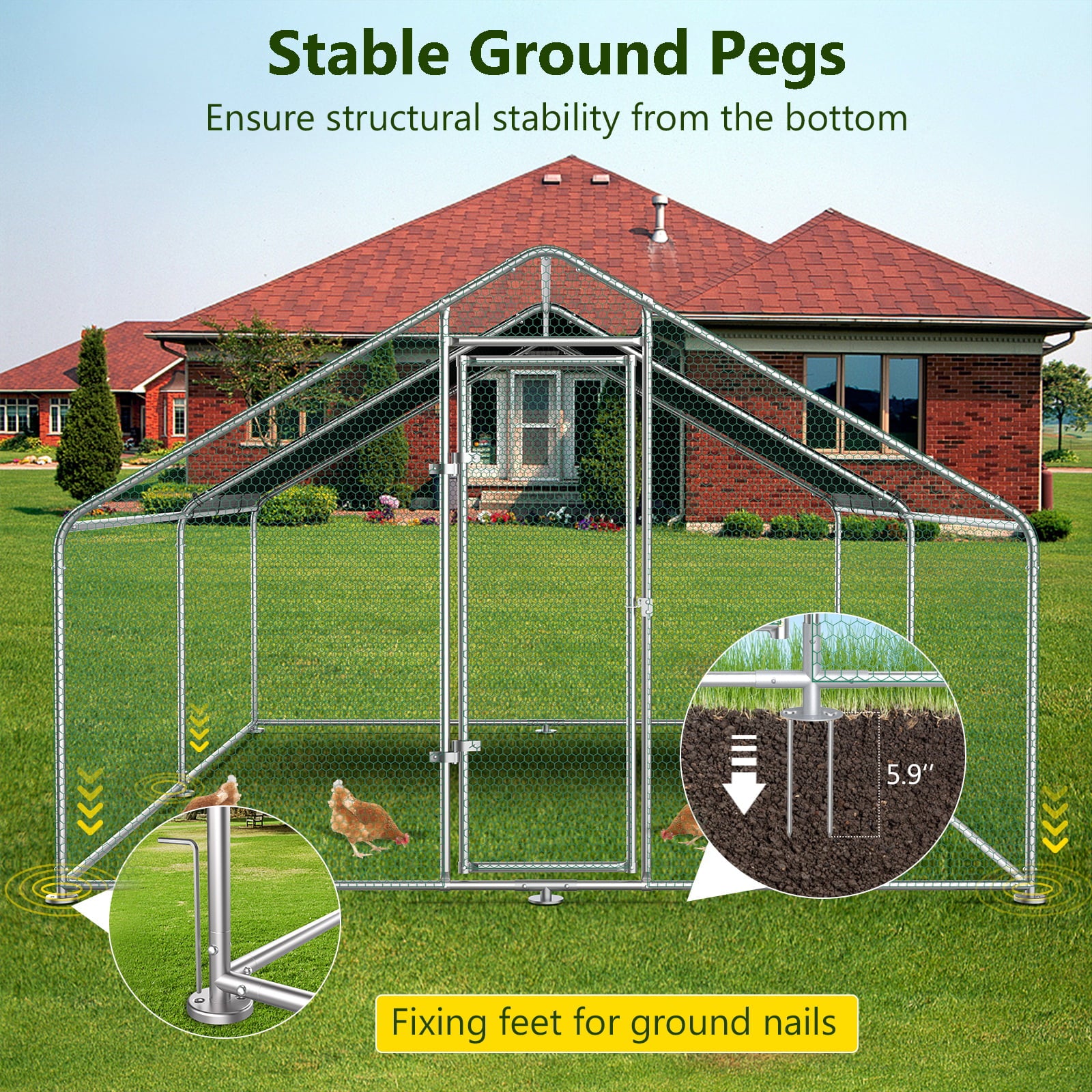 Vantic Large Metal Chicken Coop Run， Walk-in Poultry Cage Chicken Runs House for Yard with Waterproof Cover， Ducks Rabbits Habitat Cage Spire Shaped Coop for Outdoor Farm Use(10'L x 13'W x 6.56'H)