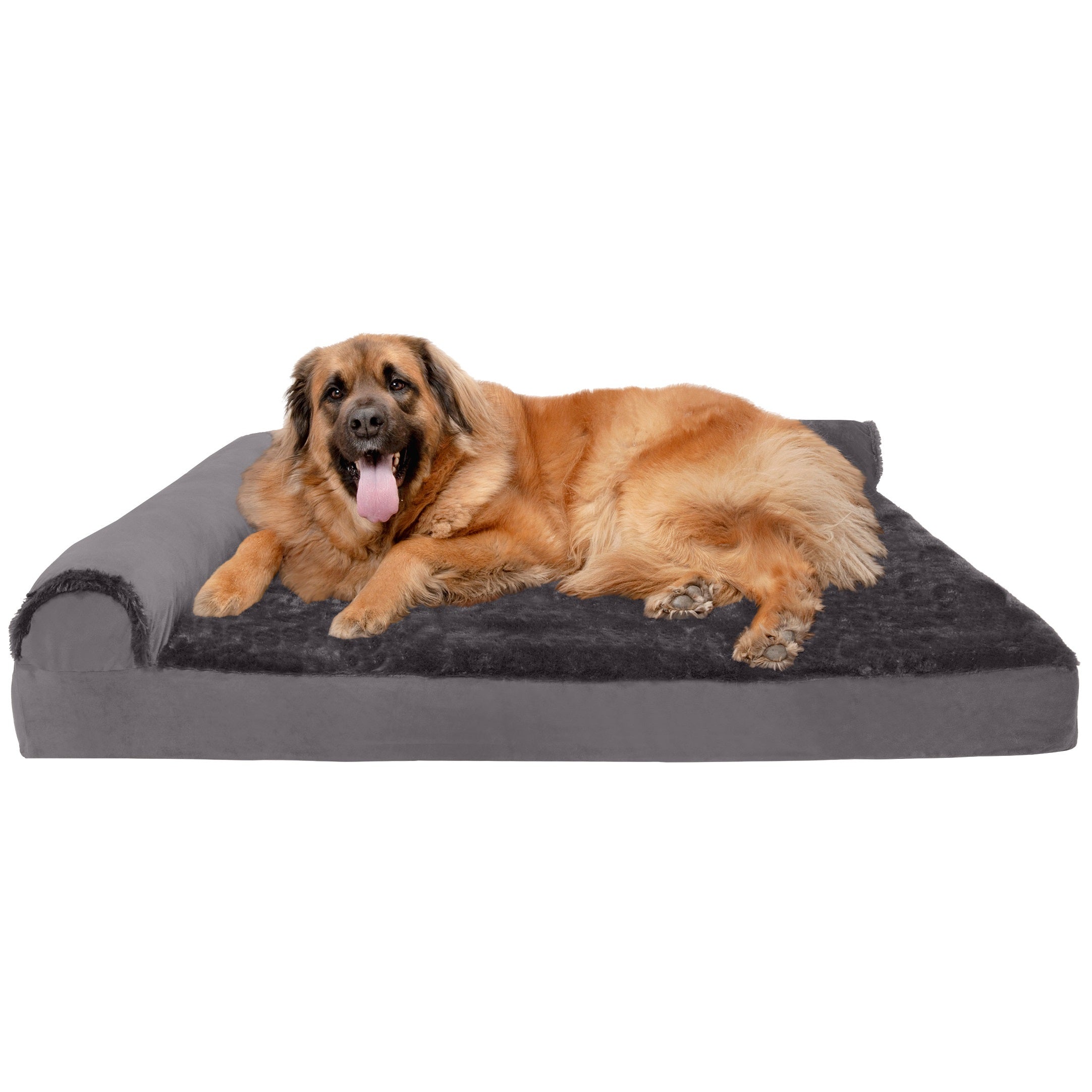 FurHaven Pet Products | Deluxe Orthopedic Plush and Velvet L-Shaped Chaise Couch Pet Bed for Dogs and Cats， Platinum Gray， Jumbo Plus