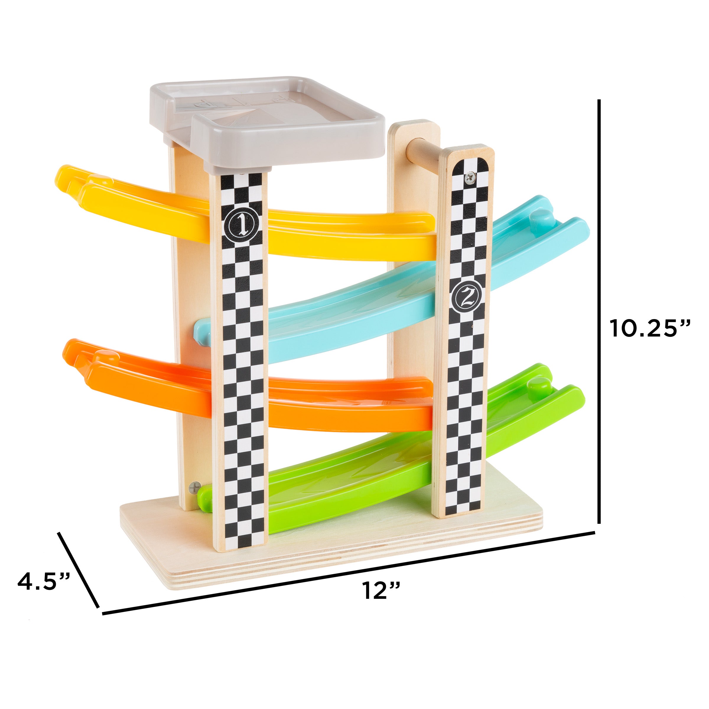 Toy Race Track and Racecar Set- Wooden Car Racer with 4 Colorful Cars by Hey! Play!