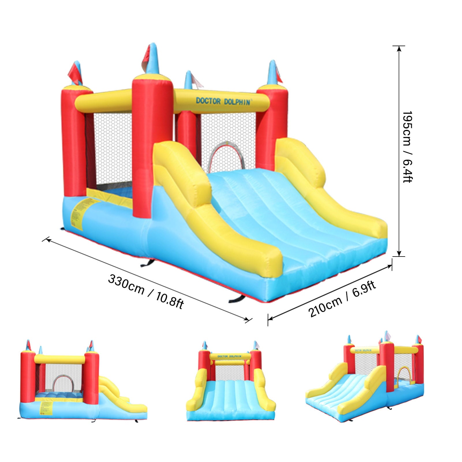 Doctor Dolphin Inflatable Bounce House with Wide Water Slide Kids Water Park with Blower for Backyard Party