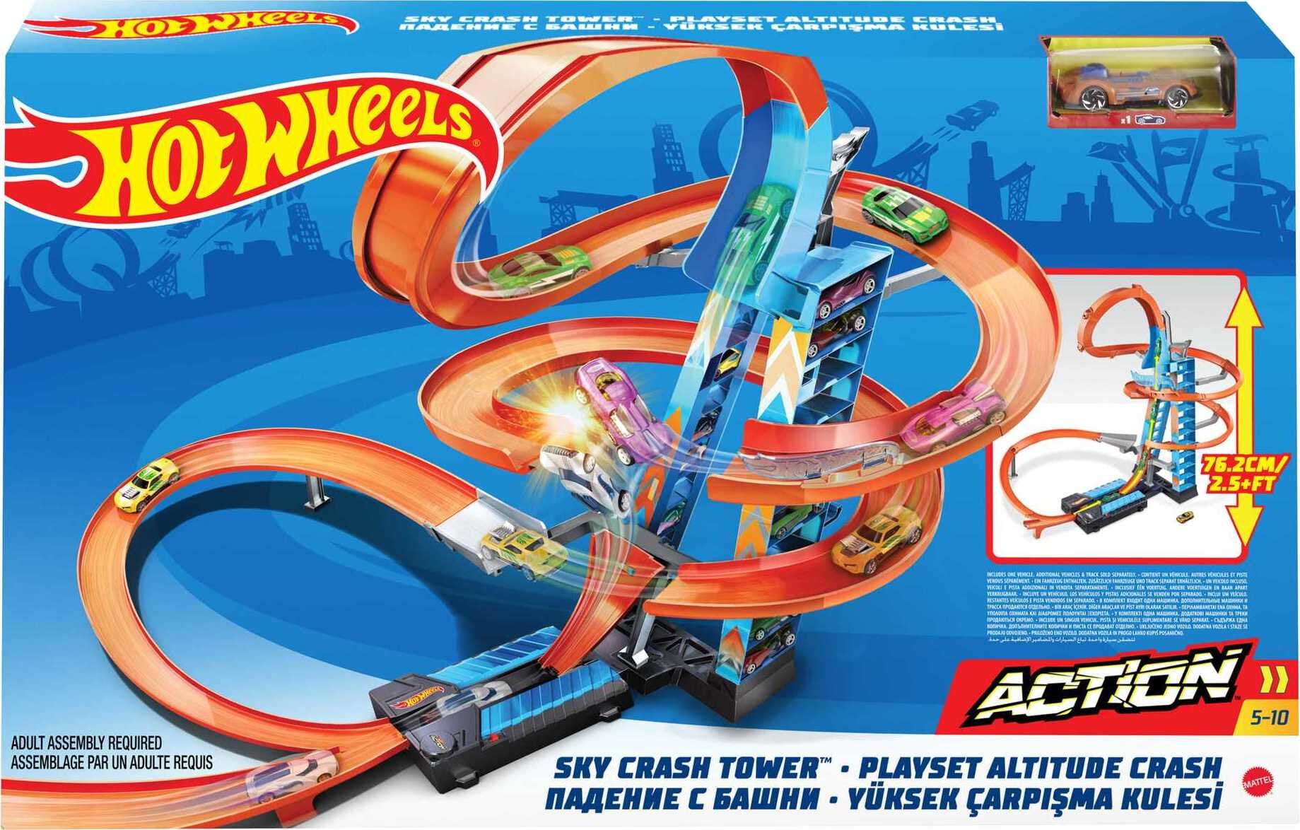 Hot Wheels Sky Crash Tower Motorized Track Set with Car， Stores 20+ 1:64 Scale Cars