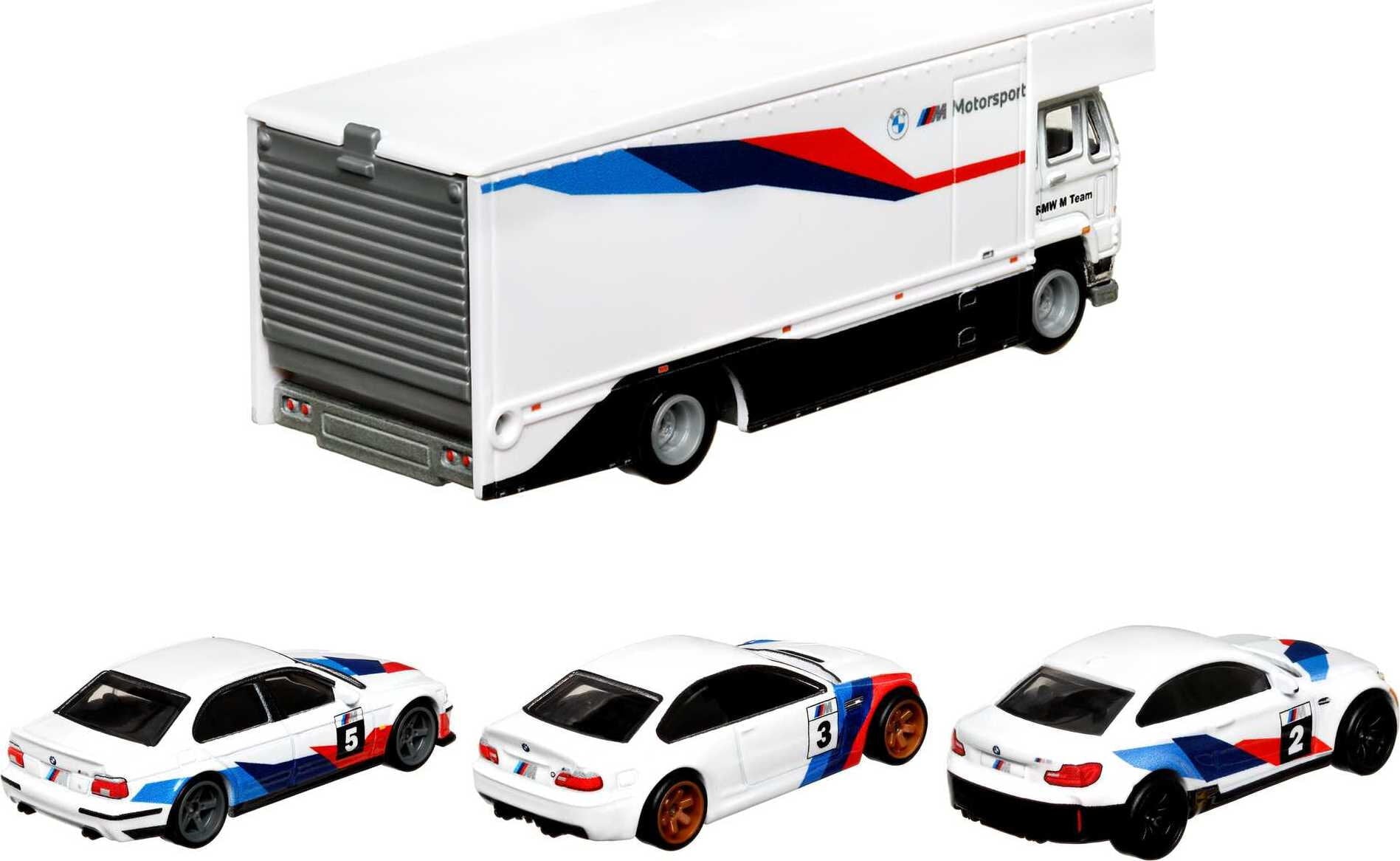 Hot Wheels Premium Collect Display Sets with 3 1:64 Scale Die-Cast Cars and 1 Team Transport Vehicle， Collectors’ Favorites