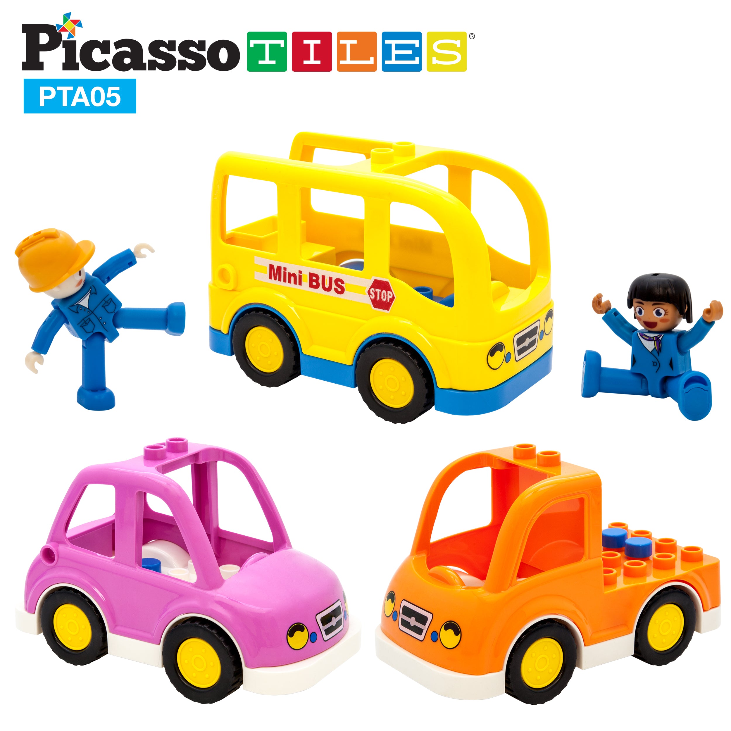 PicassoTiles 5 Piece Vehicle Character and Action Figure Expansion Set PTA05