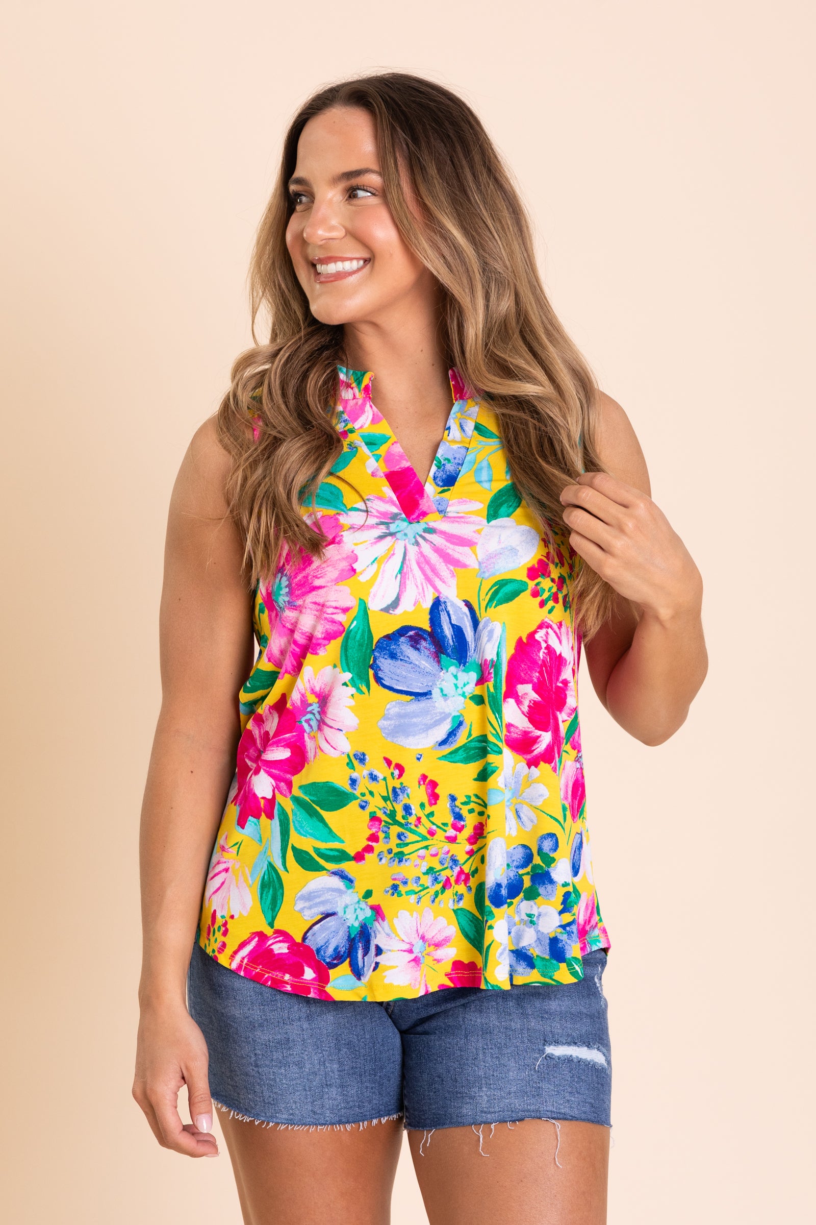 Yellow Floral V-Neck Wrinkle Free Lizzy Top