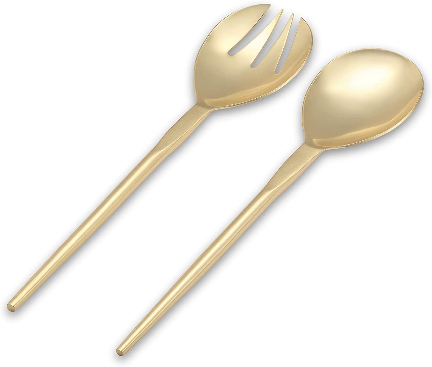 Folkulture Serving Utensils for Modern Serving and Cooking， Stainless Steel Kitchen Salad Servers or Salad Tongs， 12-Inch Serving Spoon and Fork Set for Salad， Gravies or Pasta， Gold / Brass Finish