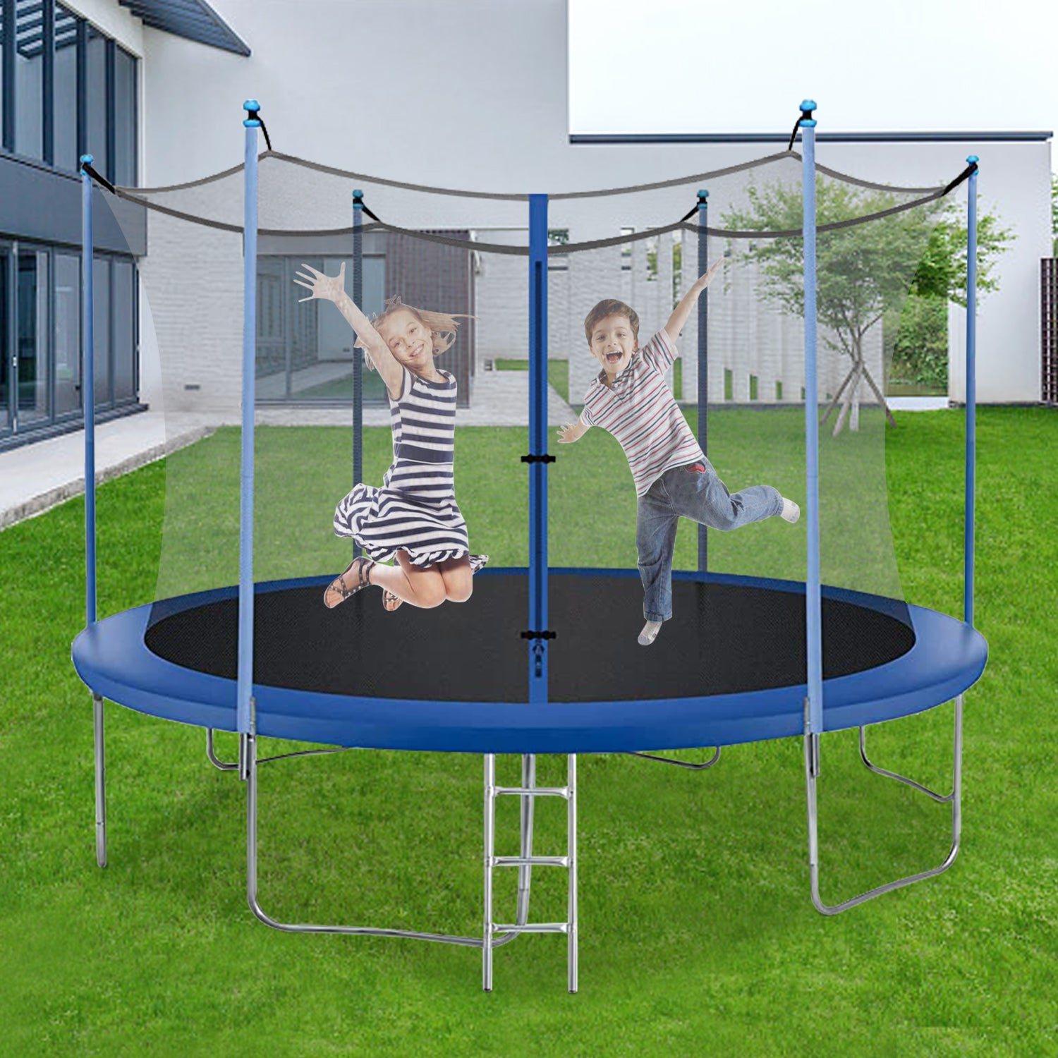 NiamVelo 12 ft Trampoline with Enclosure Net Outdoor Jump Rectangle Trampoline - ASTM Approved-Combo Bounce Exercise Trampoline PVC Spring Cover Padding for Kids and Adults， Blue