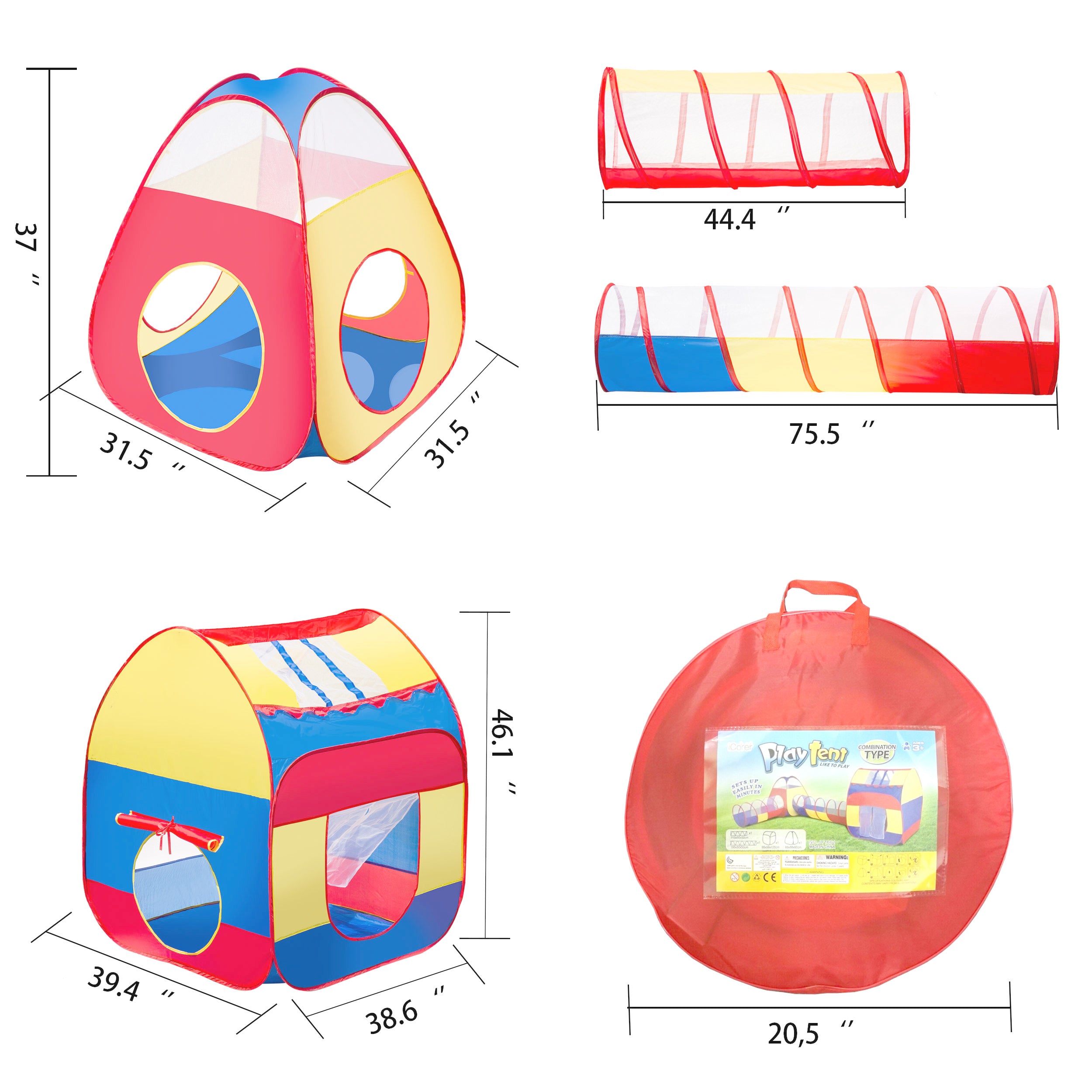 iCorer 4pc Pop Up Children Play Tent w/ 2 Crawl Tunnels & 2 Tents - Extra Large Kid Tent Ball Pits for Boys Girls Toddlers for Indoor & Outdoor Use