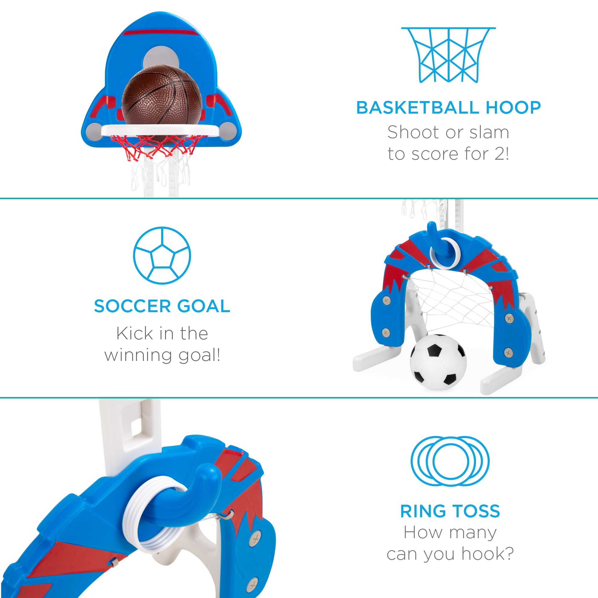 Best Choice Products 3-in-1 Toddler Basketball Hoop Sports Activity Center Grow With Me Play Set w/ Soccer， Ring Toss