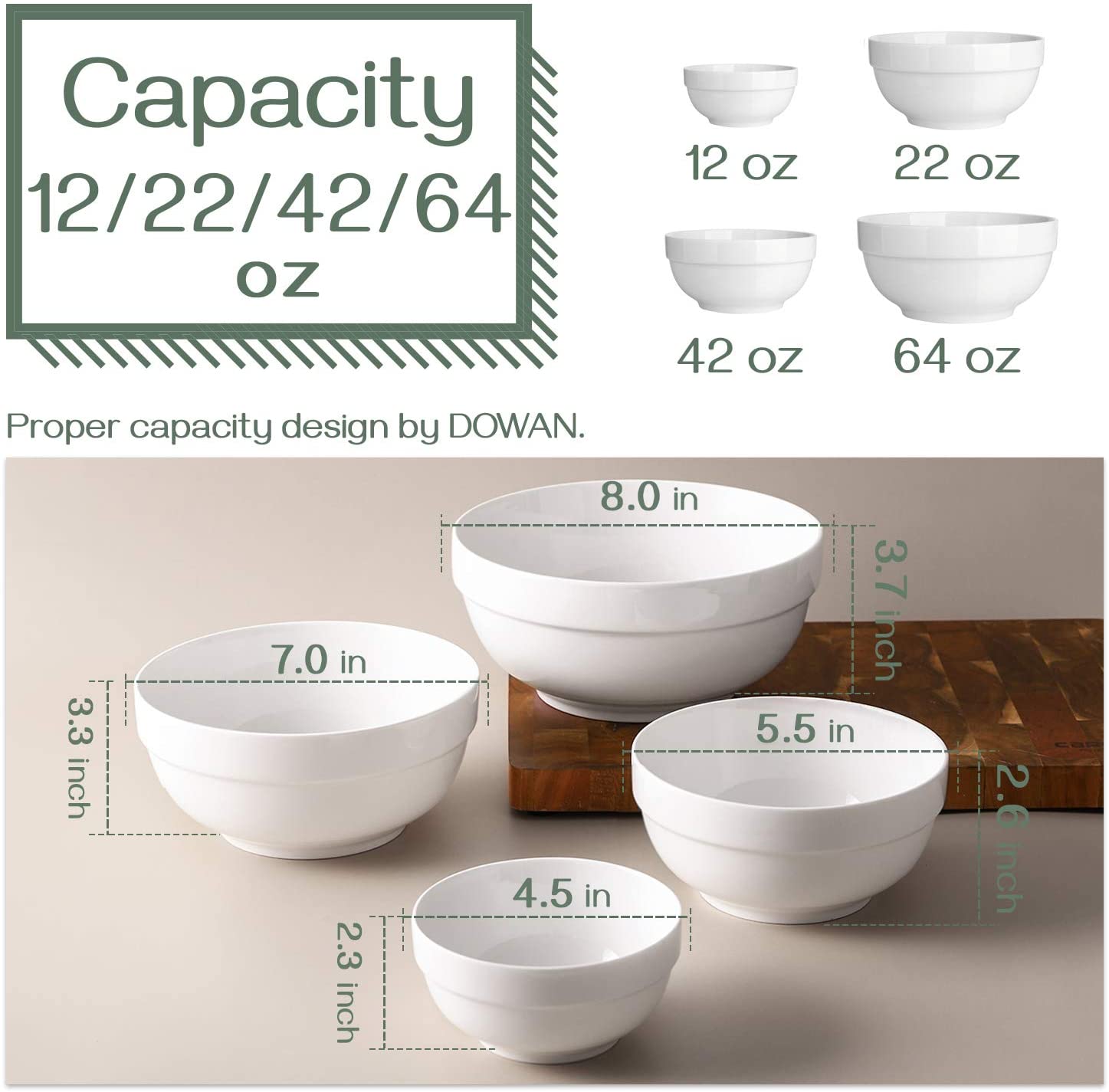 DOWAN Porcelain Serving Bowls， Large Serving Bowl Set， 64/42/22/12 Ounce White Ceramic Bowls， Prep Bowls for Kitchen， Scratch Resistant， Oven and Microwave and Dishwasher Safe