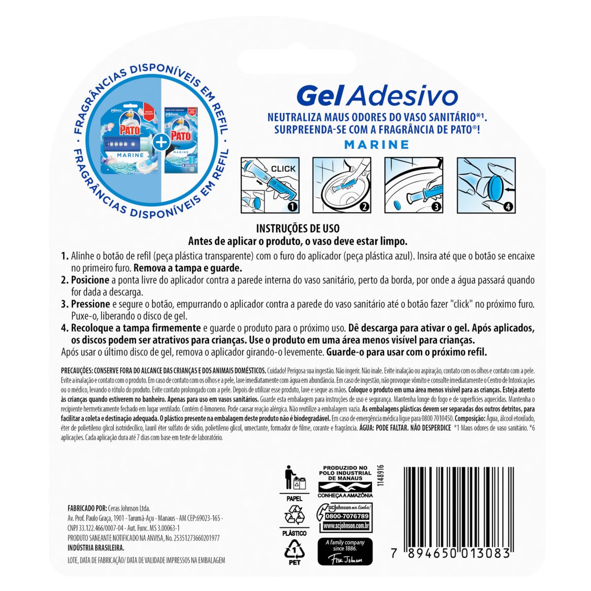 Desodorizador Sanitario Pato Gel Adesivo Marine Refil 6 Discos Aparelho Gratis