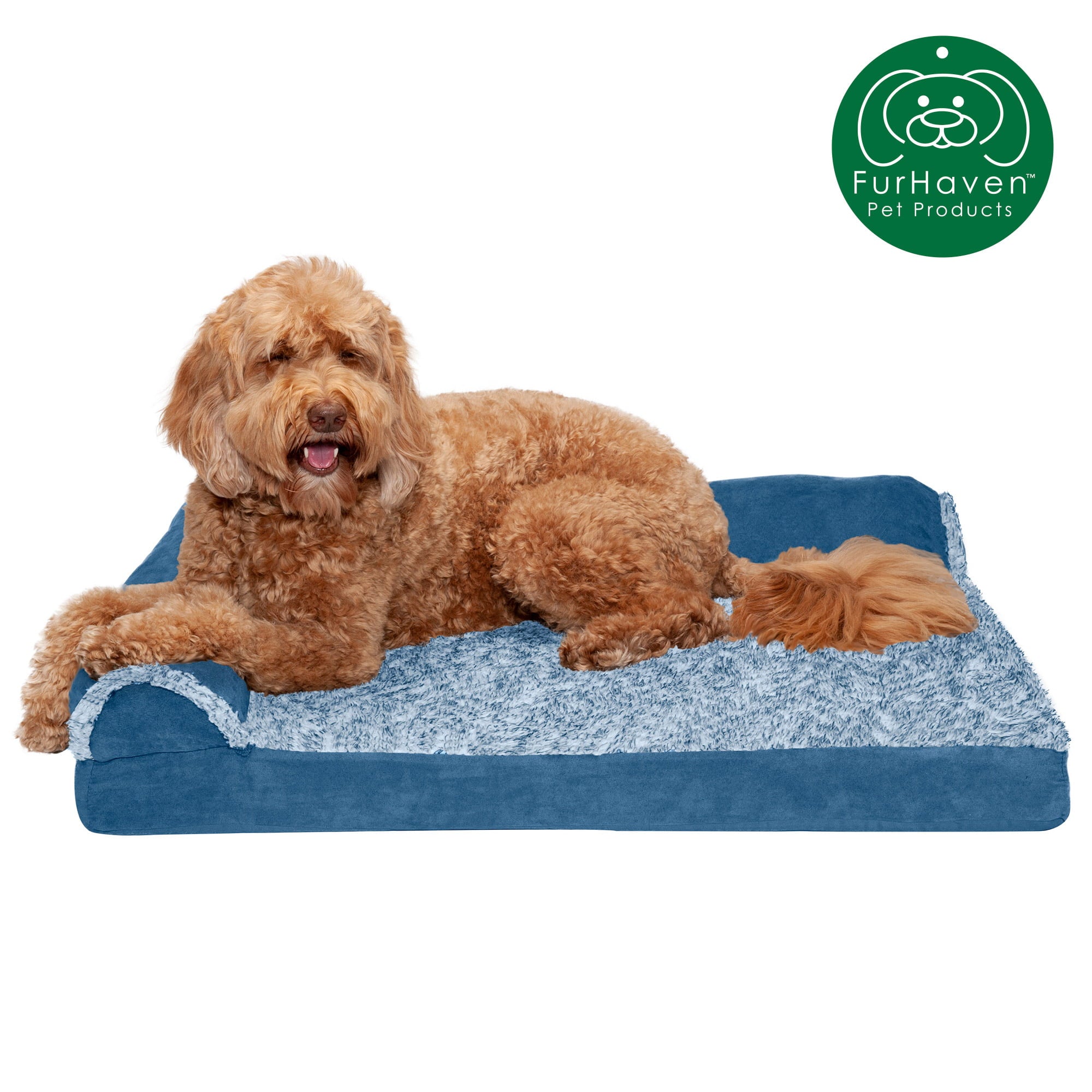 FurHaven | Deluxe Orthopedic Faux Fur and Suede L-Chaise Lounge Pet Bed for Dogs and Cats， Marine Blue， Large