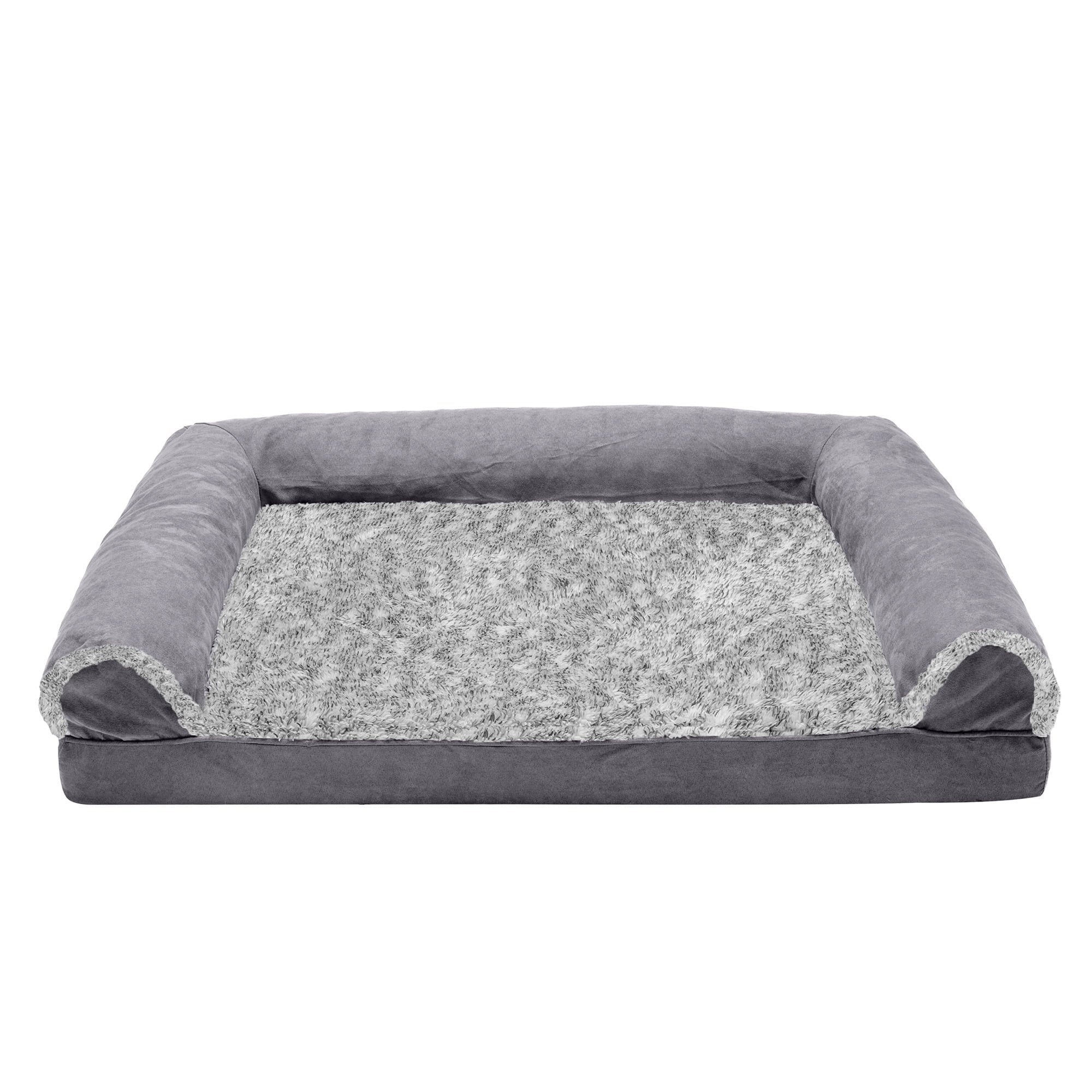 FurHaven Pet Products | Memory Foam Two-Tone Faux Fur and Suede Sofa-Style Couch Pet Bed for Dogs and Cats， Stone Gray， Large