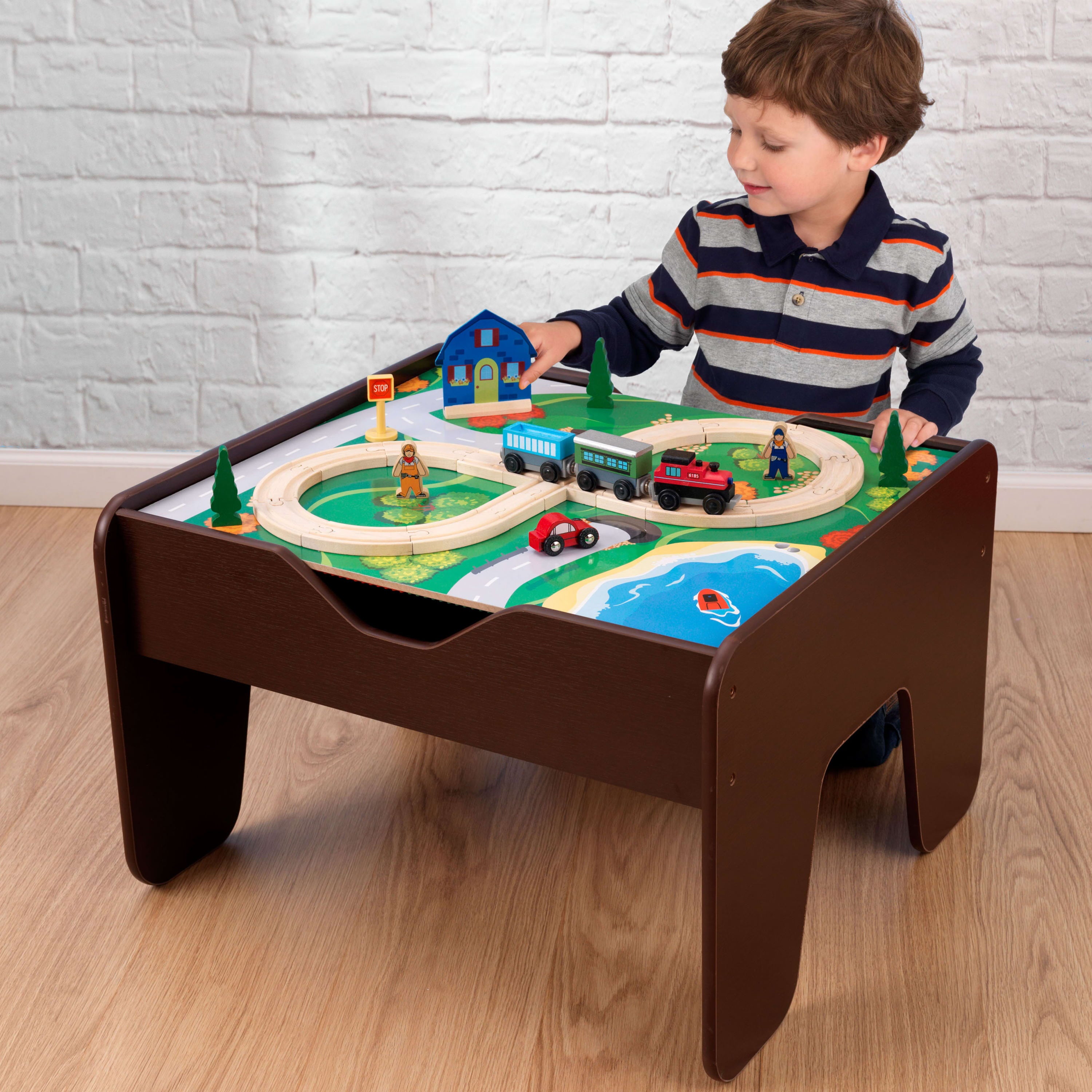 KidKraft Reversible Wooden Activity Table with Board and Train Set， Espresso