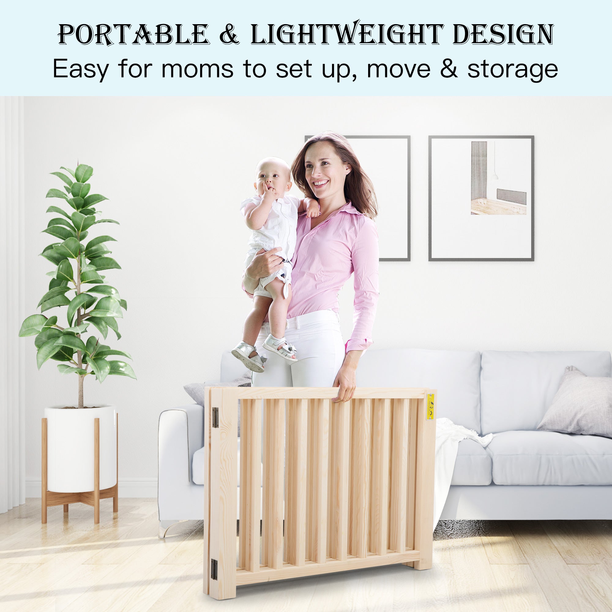 Coziwow 3 Panel Freestanding Dog Gate Wooden Foldable Pet Fence， 17.5