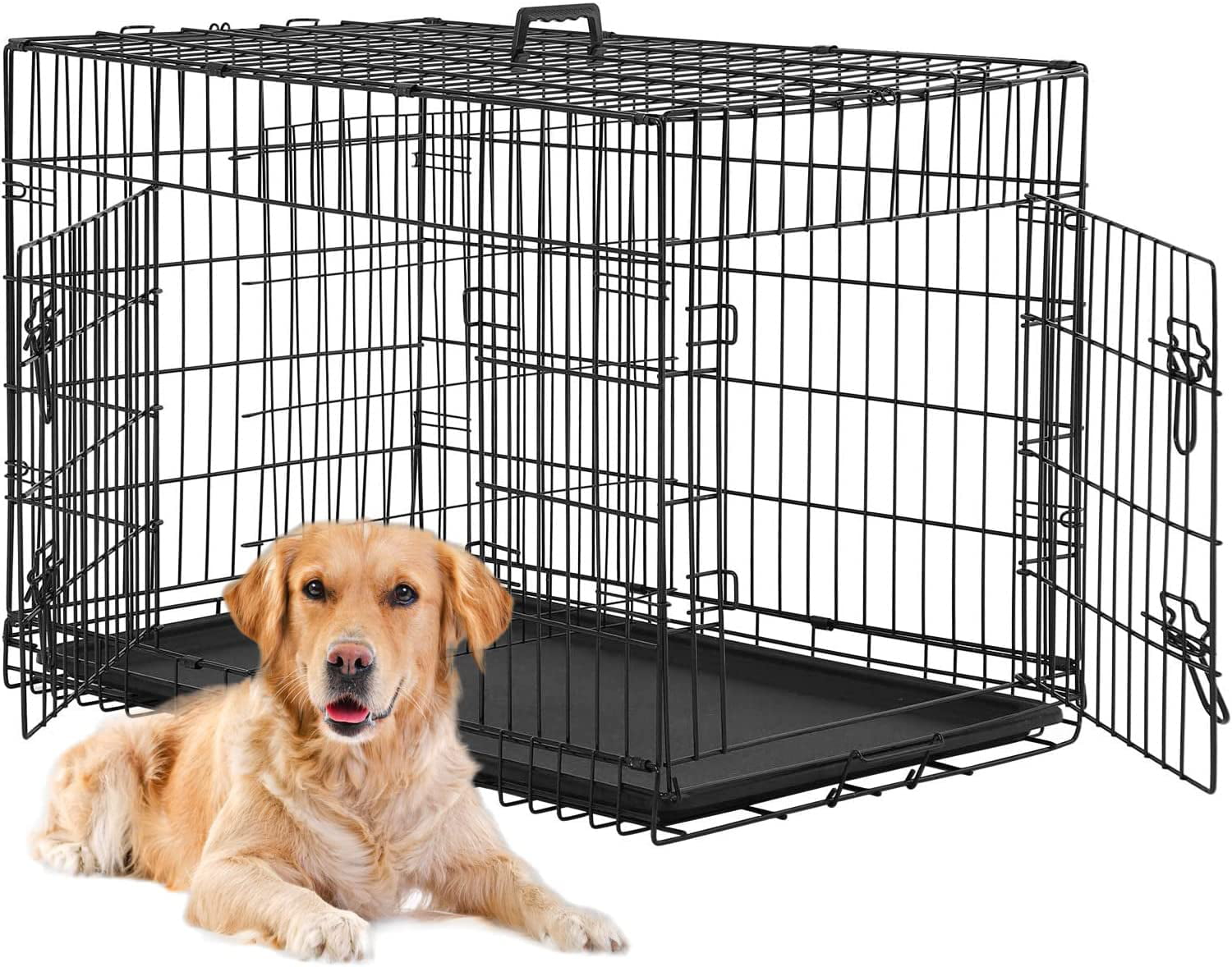 BestPet Dog Crates for Large Dogs Folding Mental with Double-Door，Divider Panel， Removable Tray and Handle (24