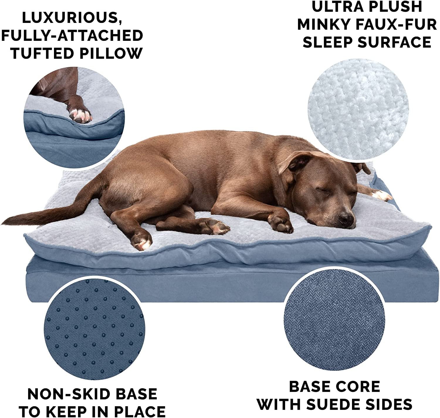 Furhaven Large Orthopedic Dog Bed Minky Plush and Suede Pillow Top Mattress w/ Removable Washable Cover - Stonewash Blue， Large Pillow Top - Minky Plush and Suede (Stonewash Blue) Large Orthopedic Foam
