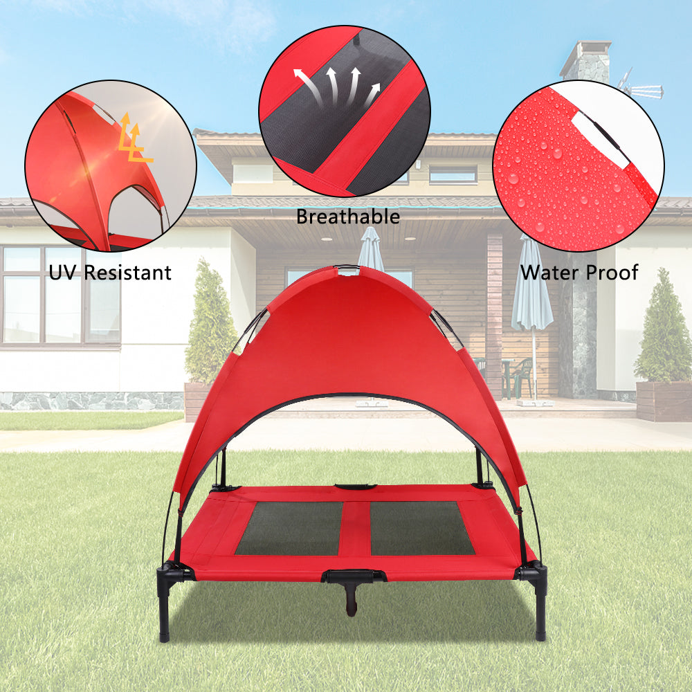 SMONTER Elevated Dog Bed with Canopy， Outdoor Pet Cot with Removable Canopy Shade， Portable Raised Dog Bed with Stable Frame and Breathable Mesh for Small， Medium， Large Dogs， Large， Red