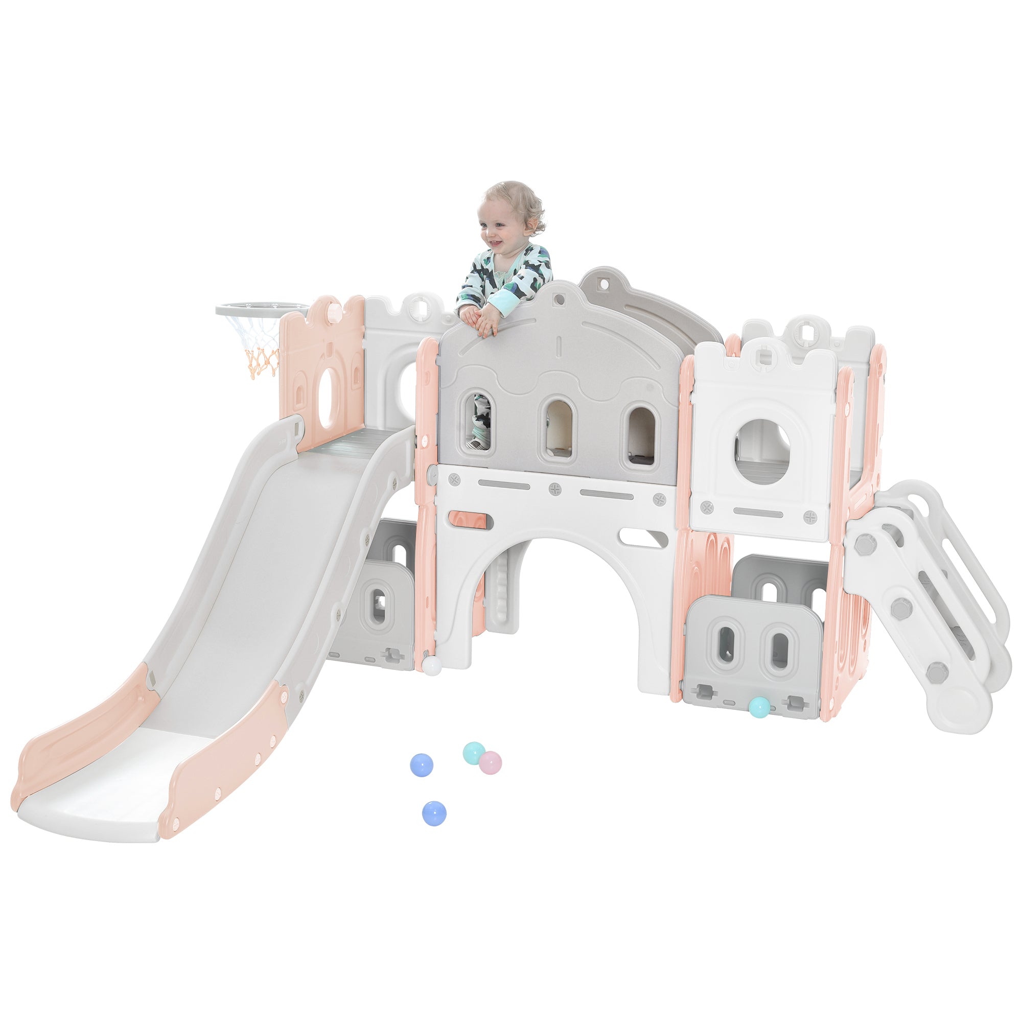 Electronn Kids Slide Playset Structure， Freestanding Castle Climber with Slide and Basketball Hoop， Toy Storage Organizer for Toddlers， Kids Climbers Playhouse for Indoor Outdoor Playground Activity