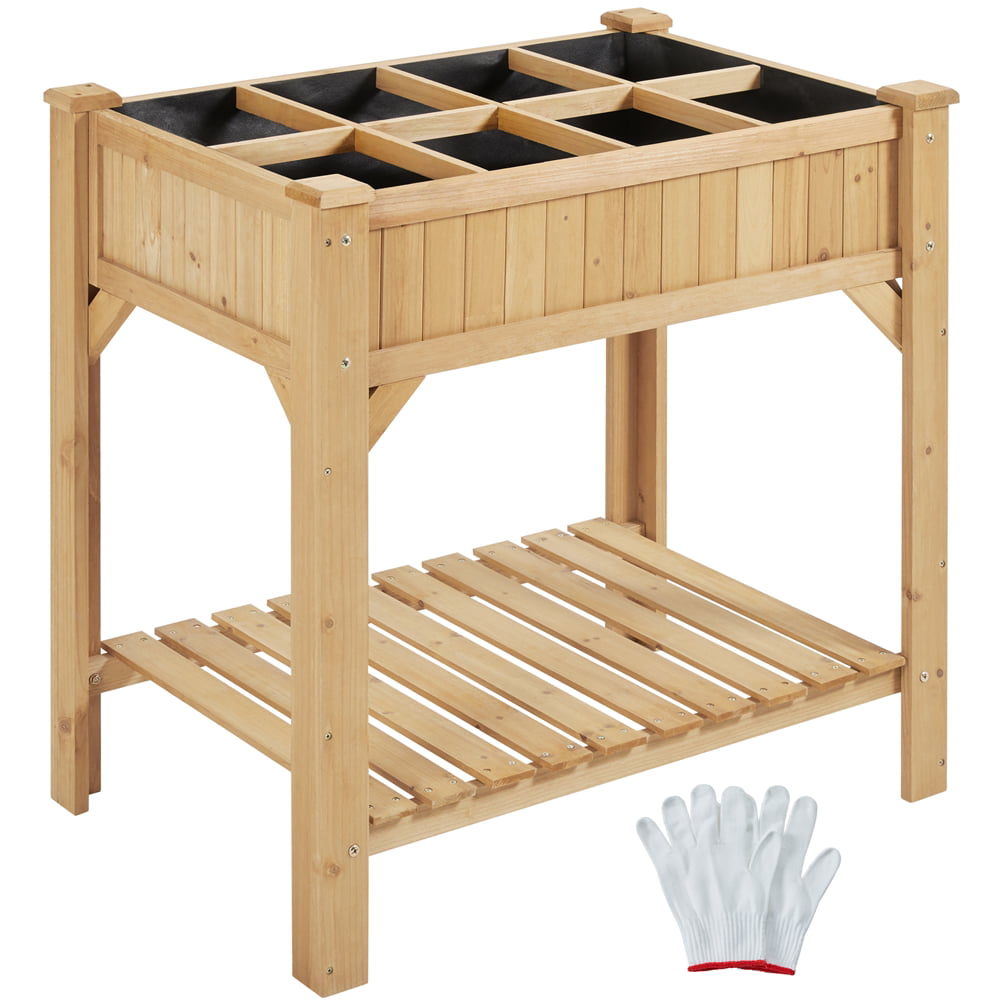 Topeakmart 8-Pocket Wood Elevated Garden Planter Raised Garden Bed with Fabric Liner, Protective Gloves, Light Brown