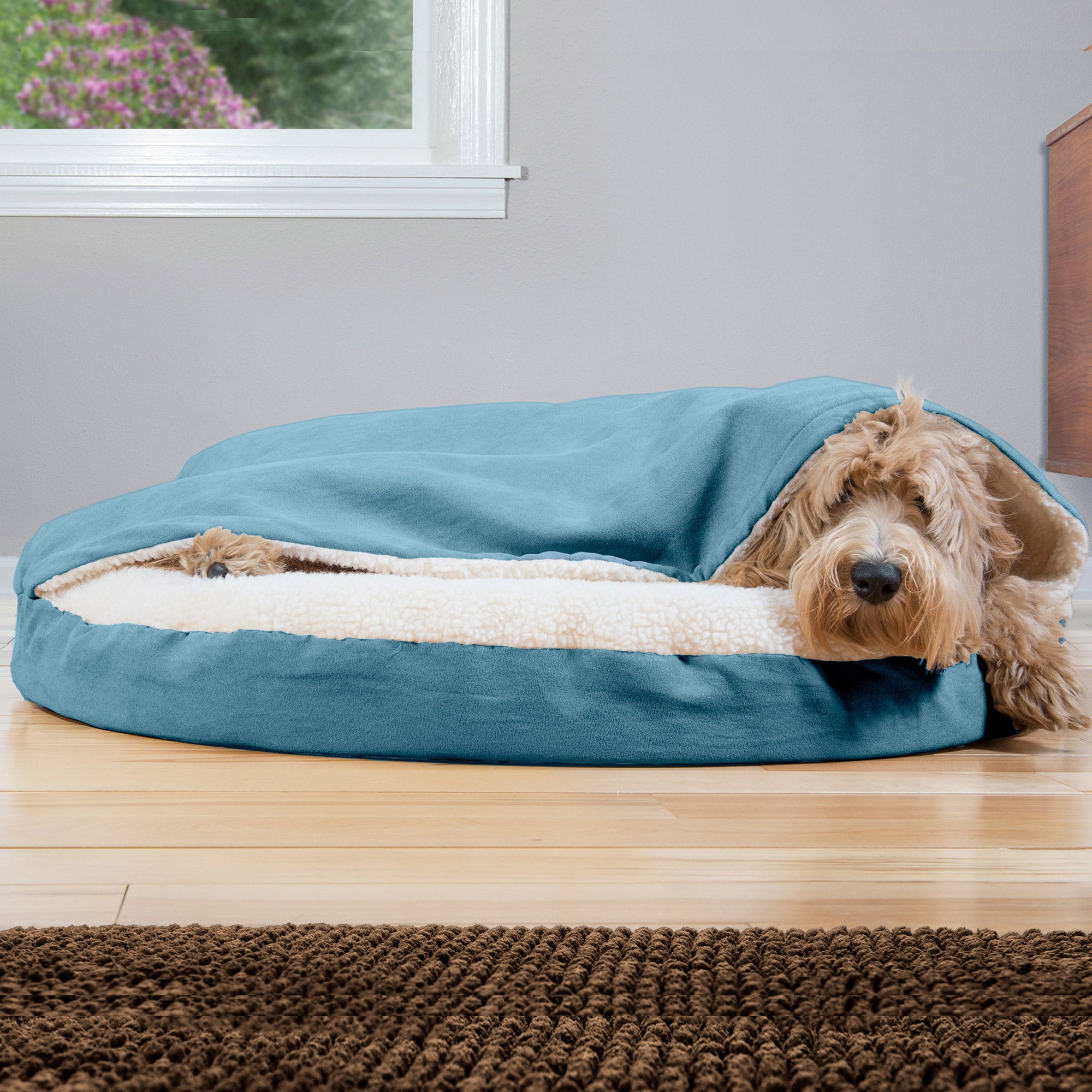 FurHaven Pet Products Orthopedic Faux Sheepskin Snuggery Burrow Pet Bed for Dogs and Cats， Blue， 35