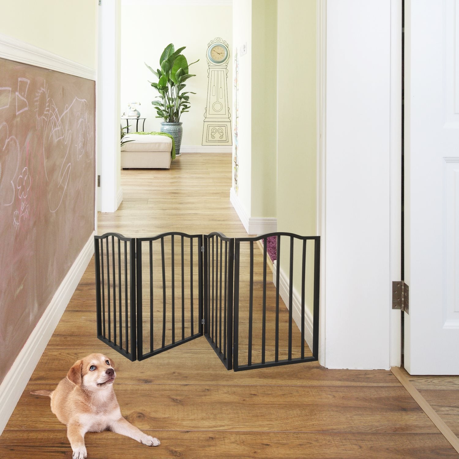 ANOGOL Foldable Pet Gate for Dogs， Dog Gate for Doorway， Stairs or House， Wooden Indoor Dog Fence， 32 inch 4 Panels Step Over Fence， Extra Wide，Brown
