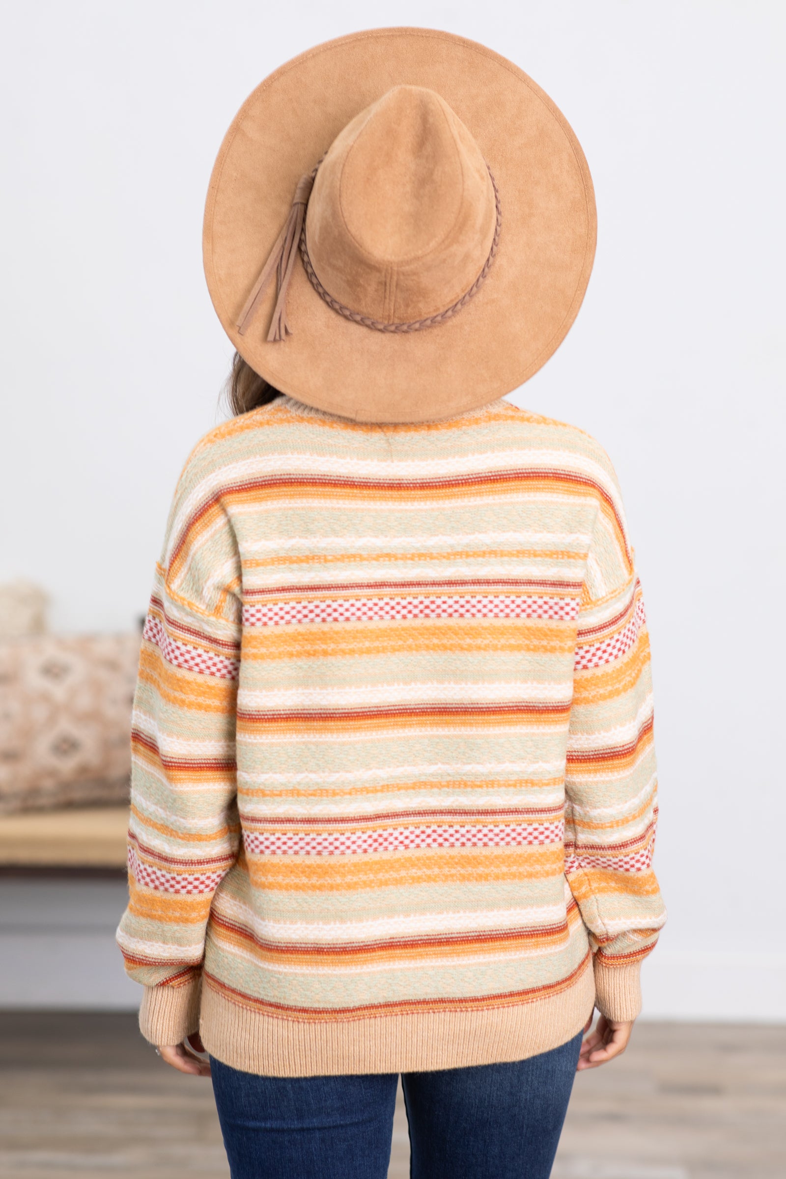 Tan Multicolor Stripe Drop Shoulder Sweater