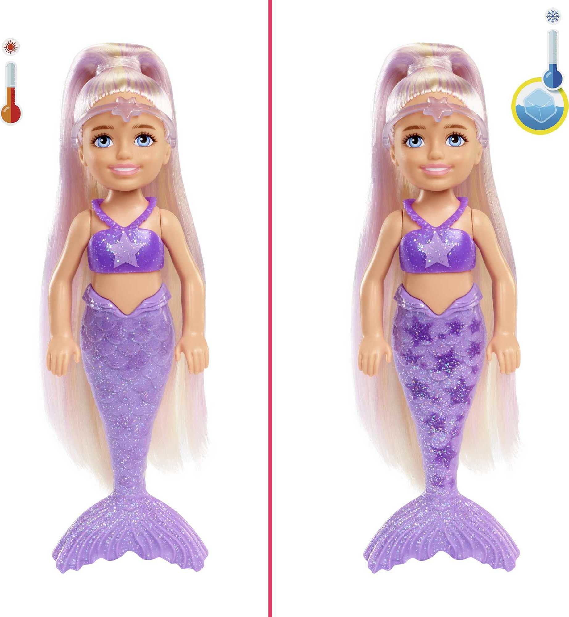 Barbie Chelsea Color Reveal Rainbow Mermaid Series Small Doll with 6 Surprises & Color Change