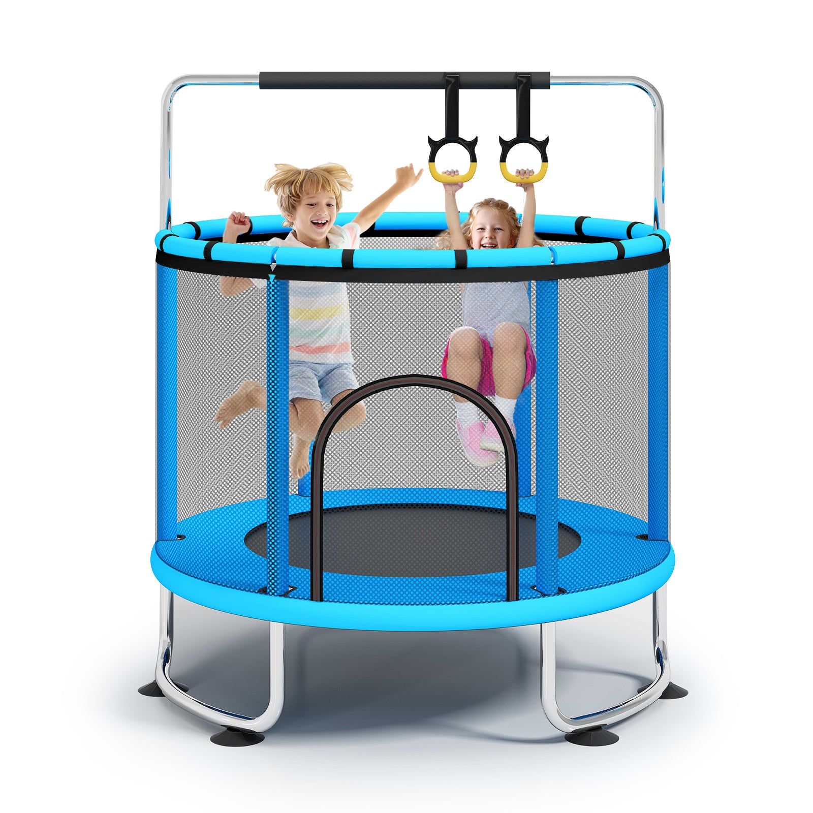Fisca 55''Mini Toddler Trampolines with Handle Bar for Kids ， Toddler Basketball Hoop Trampoline with Enclosure Net and Rings， 555lbs Load