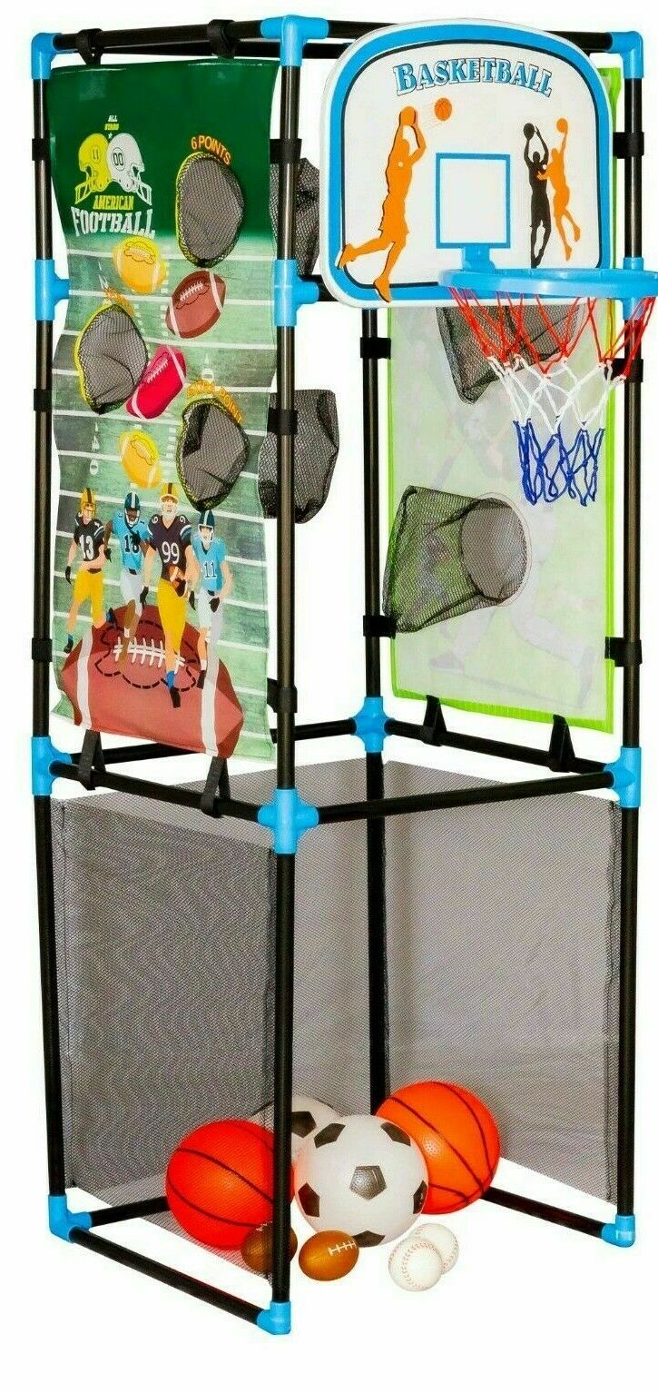 Kids Basketball Game Set - Portable Hoop Game Toy with Ball and Pump-Indoor and Outdoor Sports Arcade - Soccer Football Baseball Great Baseball Gift (4 in 1 Basketball， Football， Baseball and Soccer)