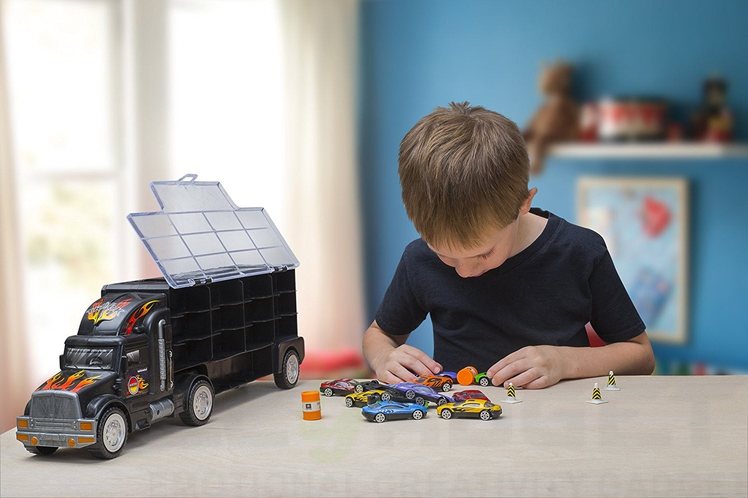 Big-Daddy Tractor Trailer Car Collection Case Carrier Transport Toy Truck For Kids Includes 12 Cars + Accessories