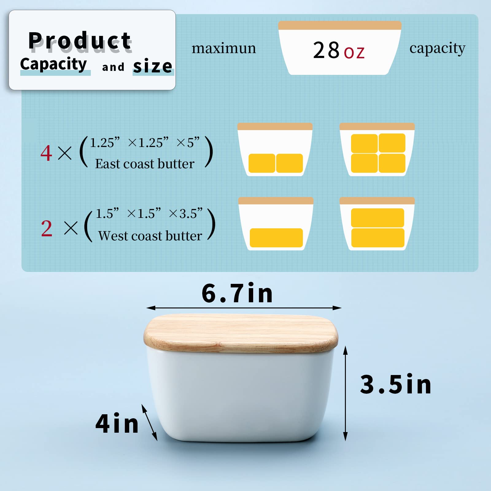 HAOTOP Porcelain Butter Dish Perfect for 4 Sticks of Butter，Butter Container Large Ceramics Butter Holder with Lid，White