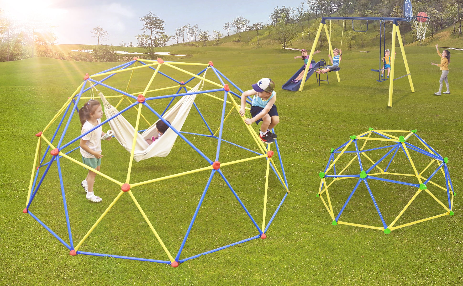 Metal Cover Geometric Playground Dome Climber Play Center 6 / 10 ft with Rust and UV Resistant Steel， Kids Climbing Dome Jungle Gym， Supporting 800 / 1000 LBS - Yellow / Blue