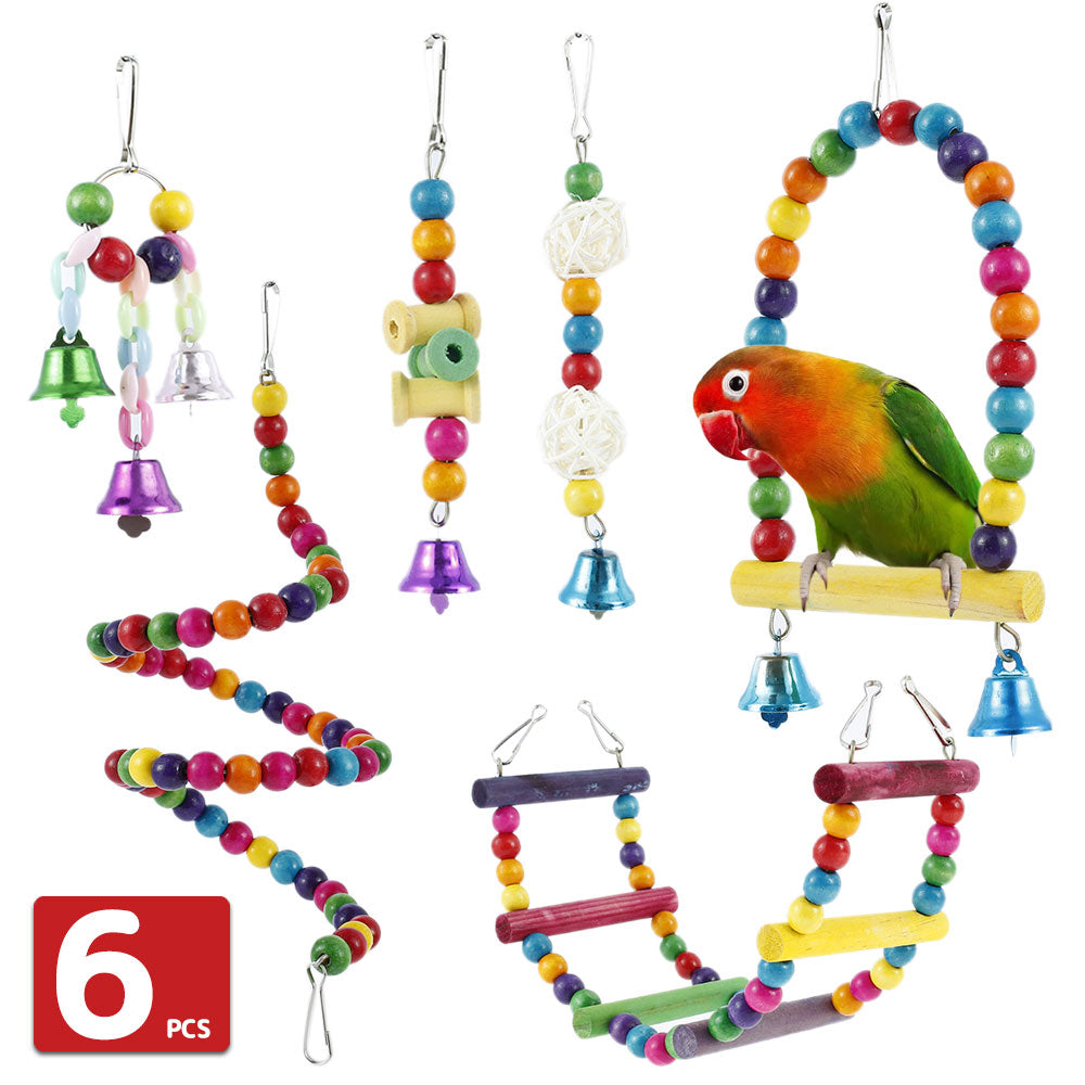 Willstar 6Pcs Bird Parrot Toys， Hanging Bell Pet Bird Cage Hammock Swing Toy Wooden Perch Chewing Toy for Parrots， Birds， Finches