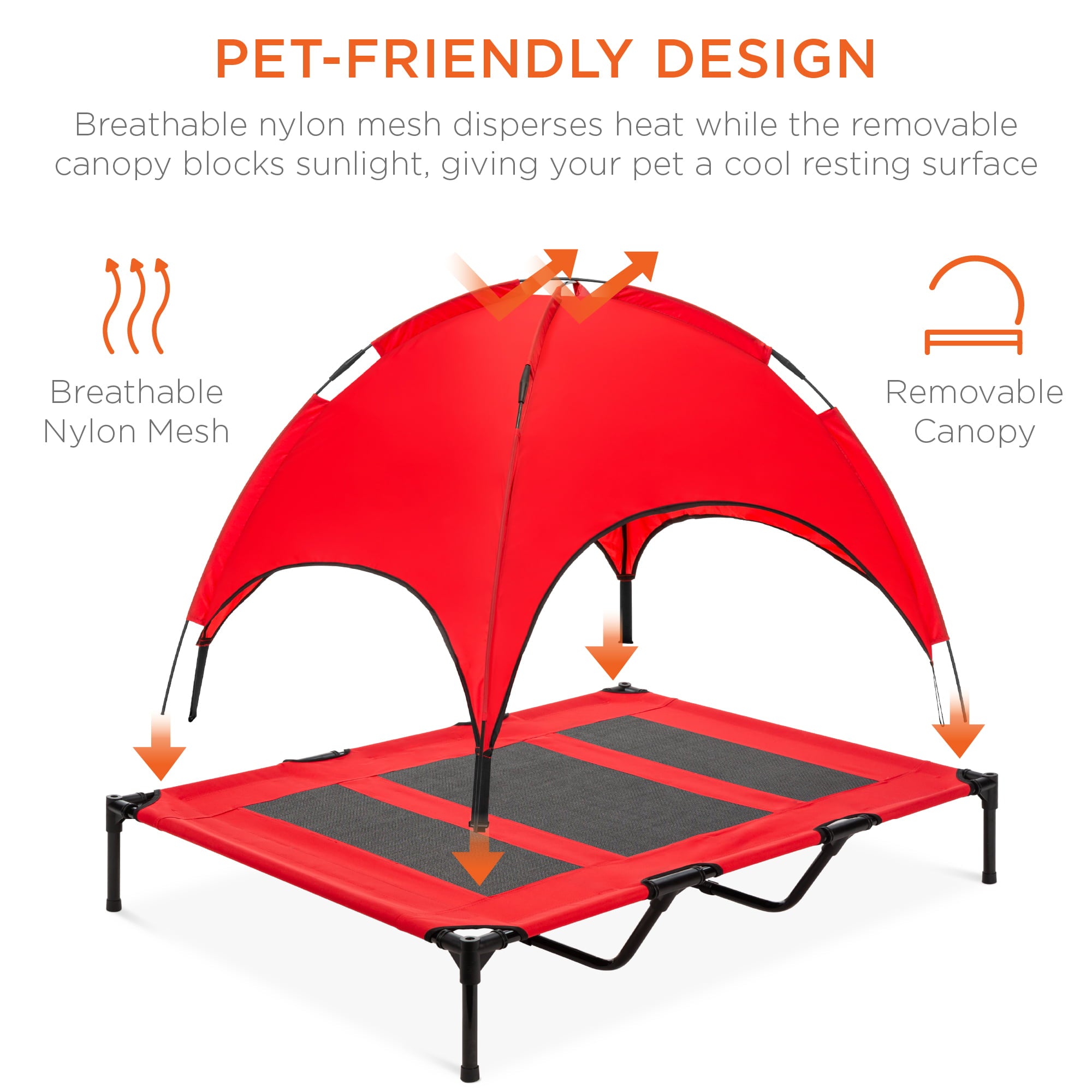 Best Choice Products 48in Elevated Cooling Dog Bed， Outdoor Raised Mesh Pet Cot w/ Removable Canopy， Carrying Bag - Red