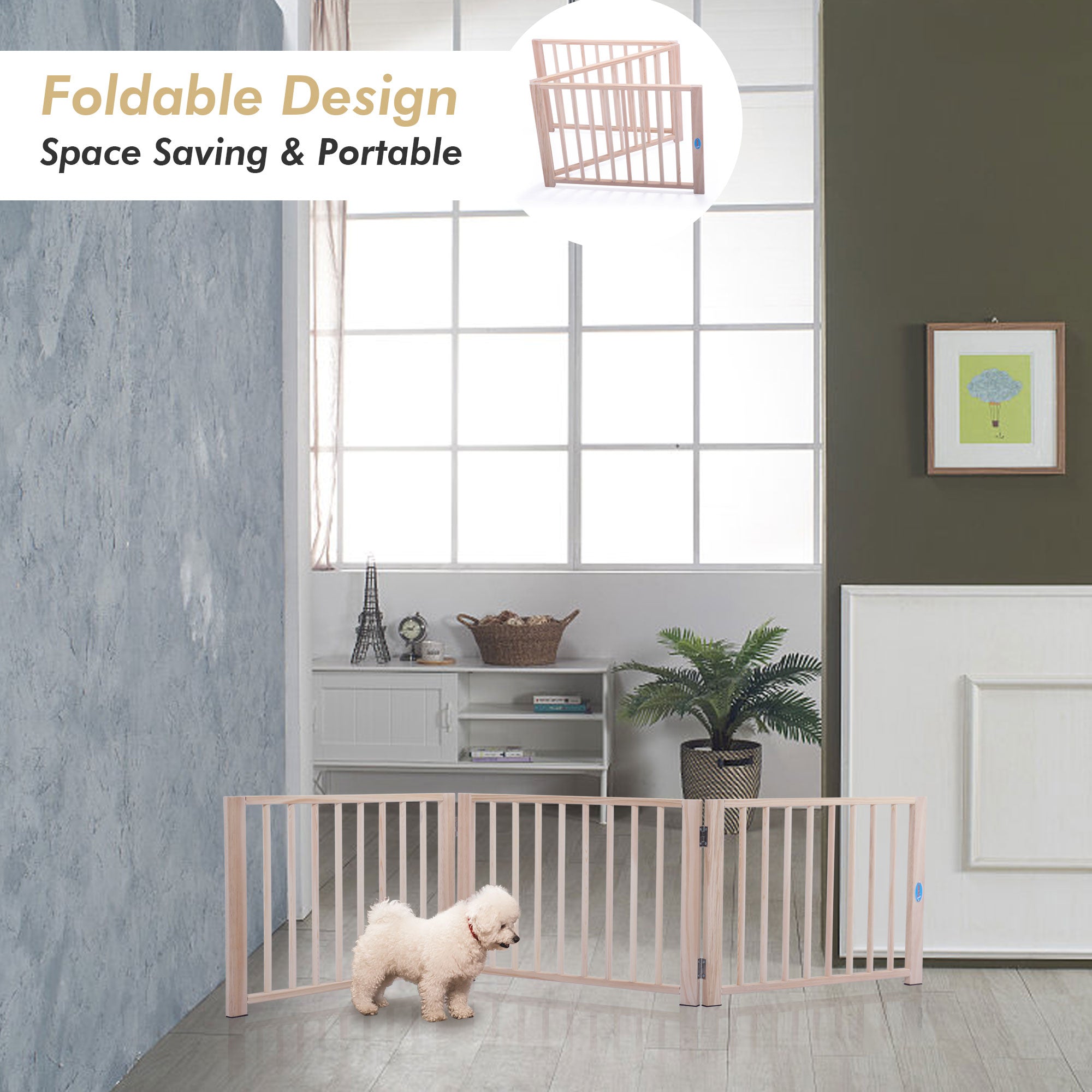 Coziwow 3 Panel Freestanding Dog Gate Wooden Foldable Pet Fence， 17.5
