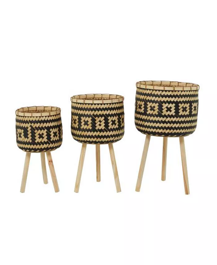 Rosemary Lane Bamboo Bohemian Planters with Stand， Set of 3
