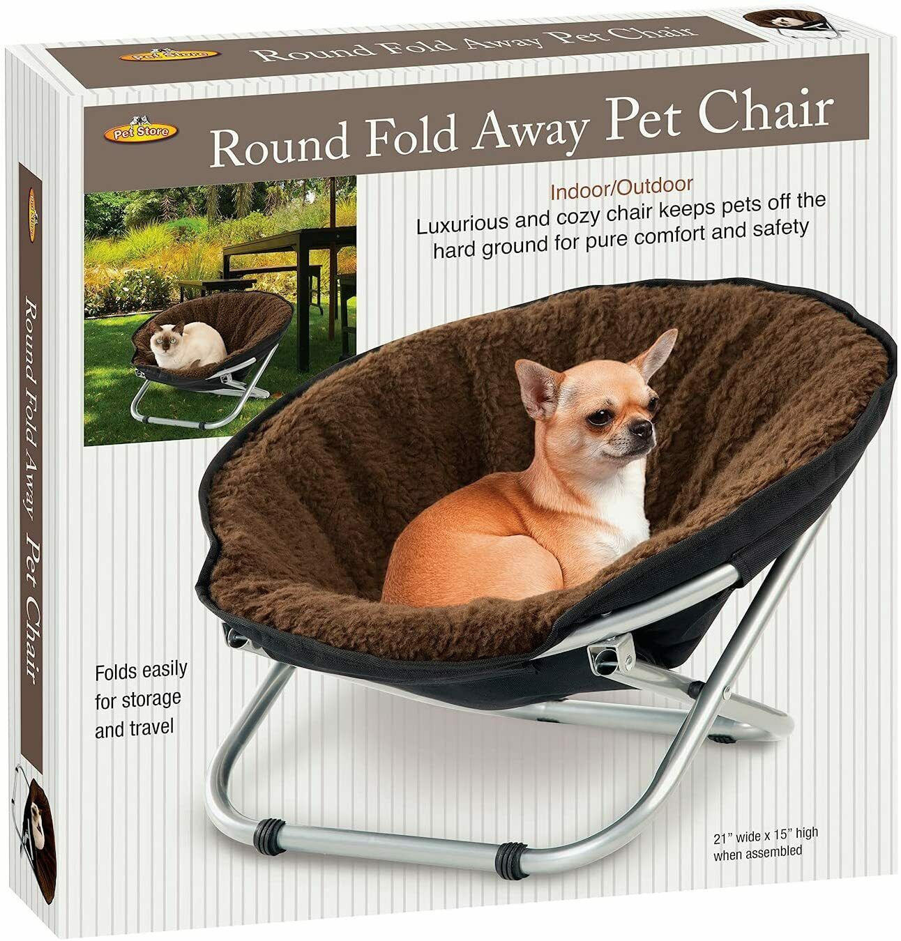 Pet Cot Chair - Portable Round Fold Out Elevated Cat Bed - Brown Fleece Top Cushion - Papasan Chair for Small Dogs