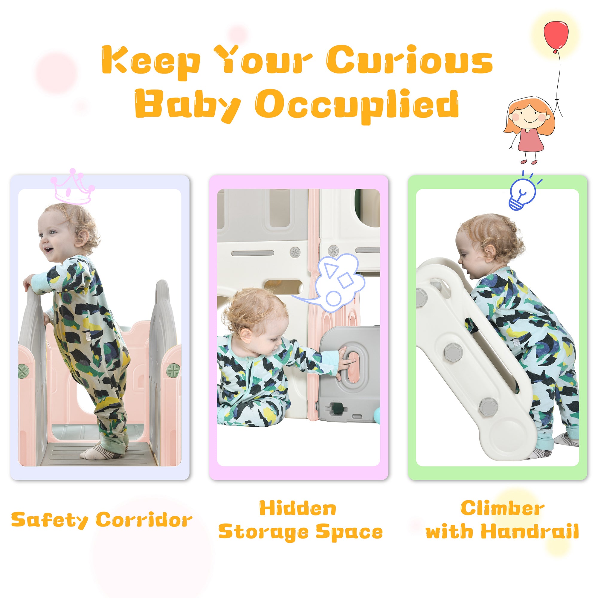 Kainsy Kids Slide Playset Structure， Freestanding Castle Climber with Slide and Basketball Hoop， Toy Storage Organizer for Toddlers， Playhouse for Indoor Outdoor Playground Activity Pink